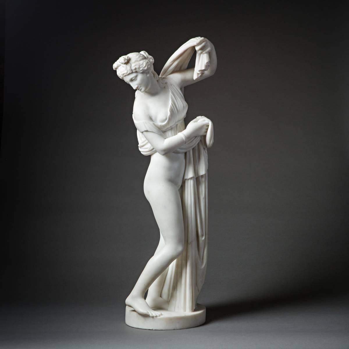 This superb sculpture is a representation of mythology’s most famous women: Aphrodite. She is rendered in a traditionally sensuous and dramatic pose, resting her weight on her left leg, the right slightly flexed with the toes touching the ground.