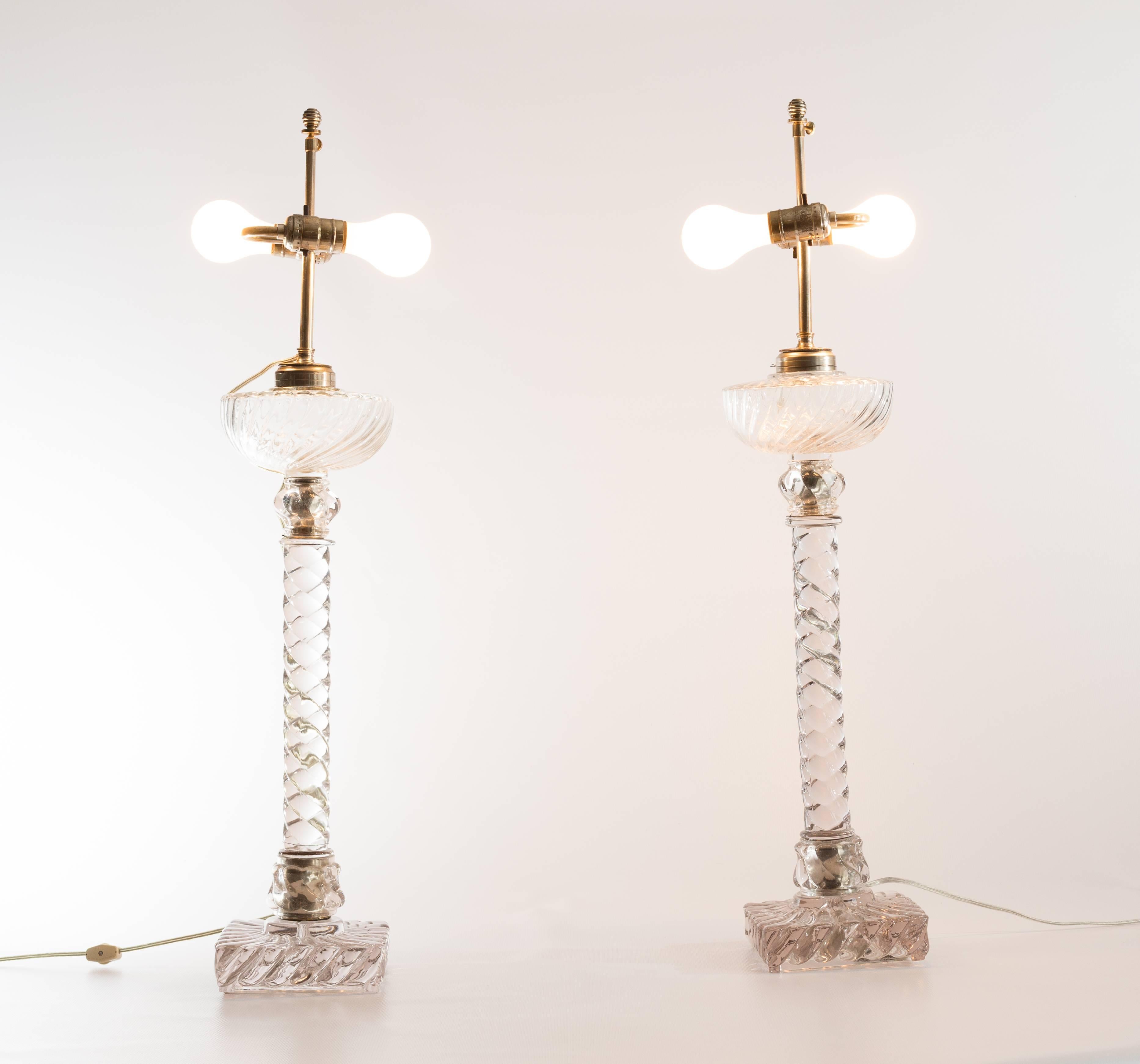 Pair of Baccarat ropa column lamps with custom silk shades, circa 1930. 33x9