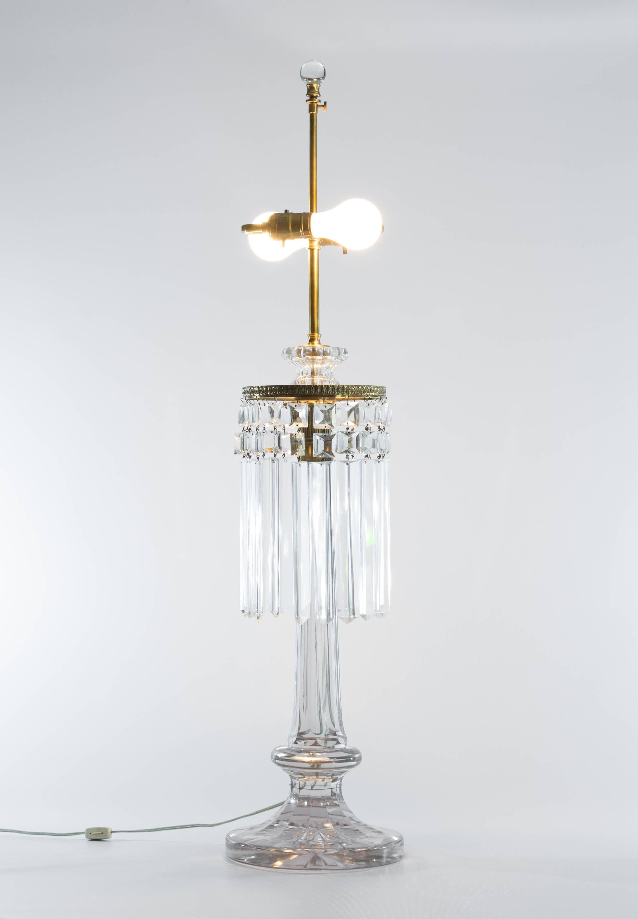 English crystal column lamp with custom silk shade. Measures: 38x10