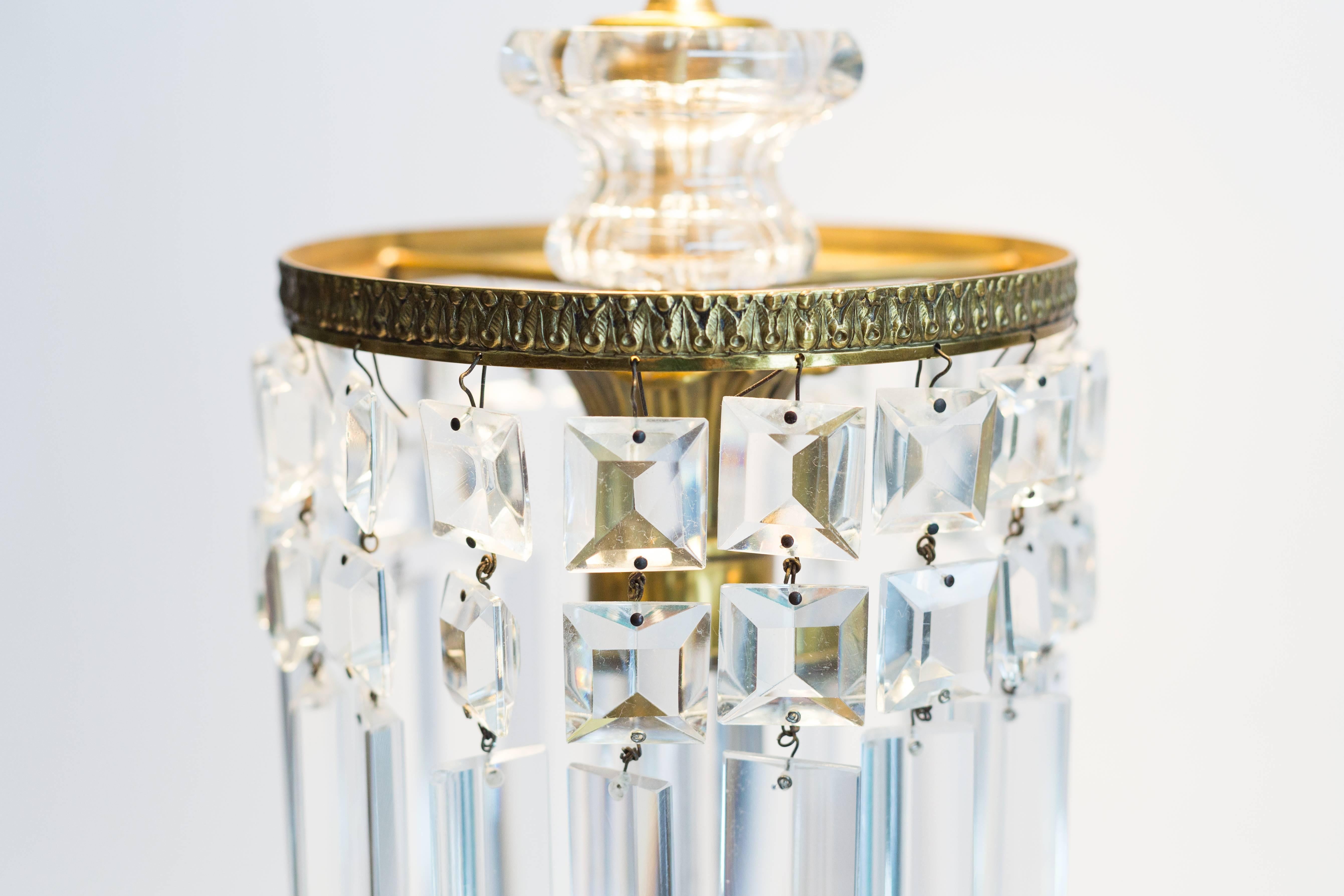 English Crystal Column Lamp with Custom Silk Shade For Sale 1
