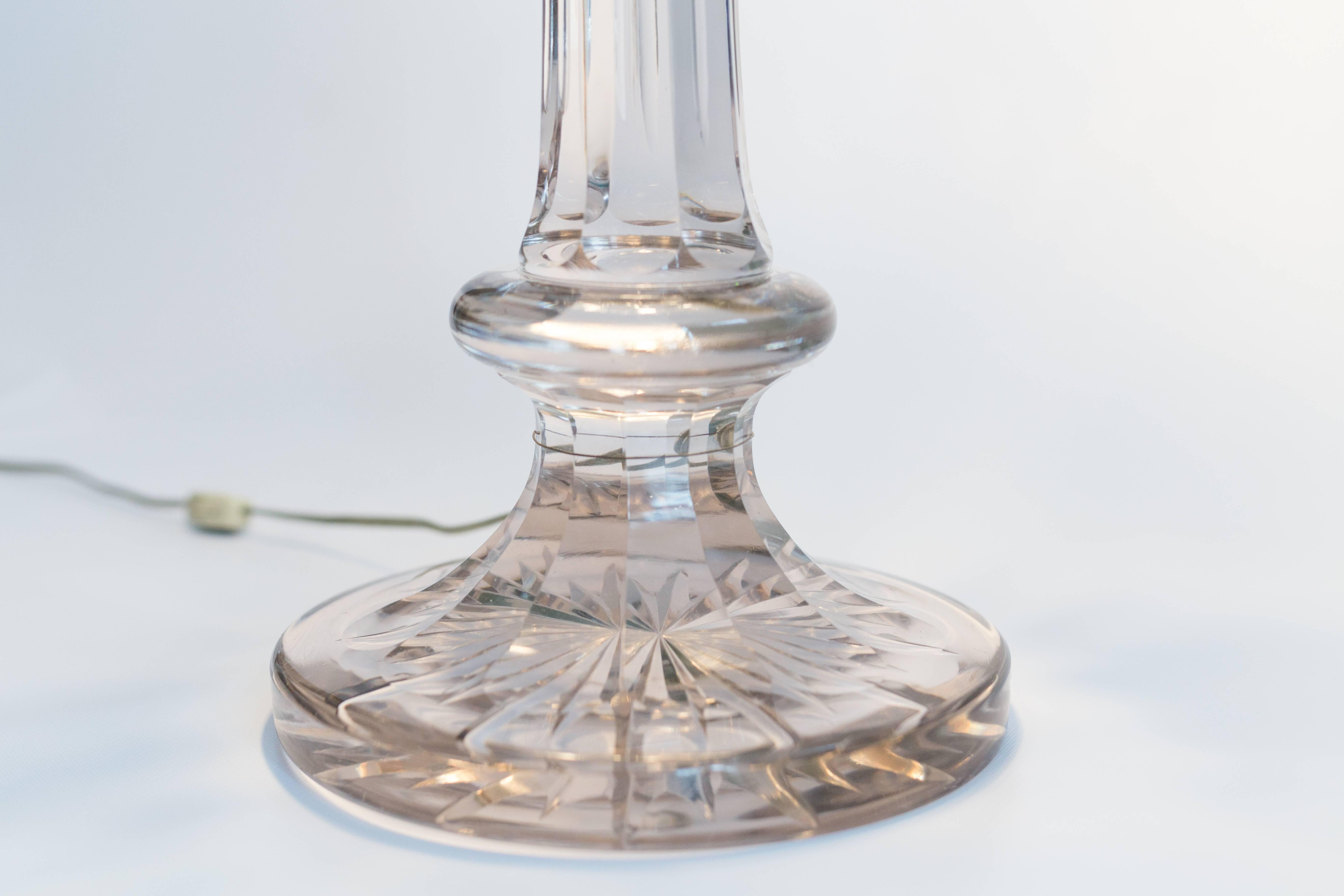 English Crystal Column Lamp with Custom Silk Shade For Sale 2