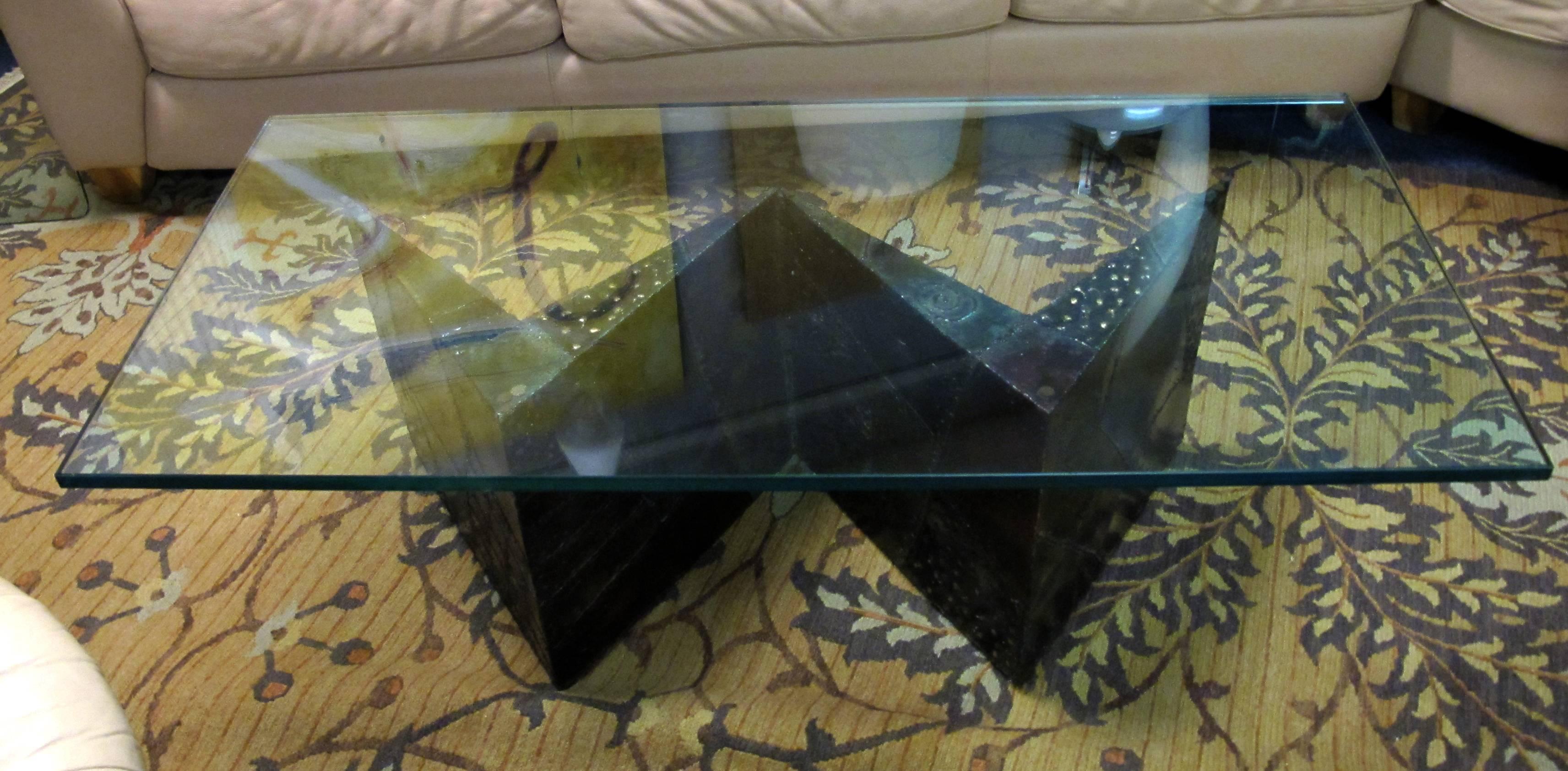 Vintage Mid-Century Modern Brutalist Paul Evans zig zag coffee table. Sculpted steel, copper, brass, bronze patchwork. Measures: 16 Height x 50 x 24 and glass is 5/8