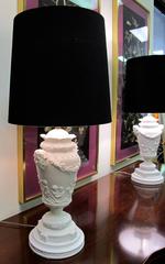 White Unglazed Porcelain Lamp with Black Shade, Pair
