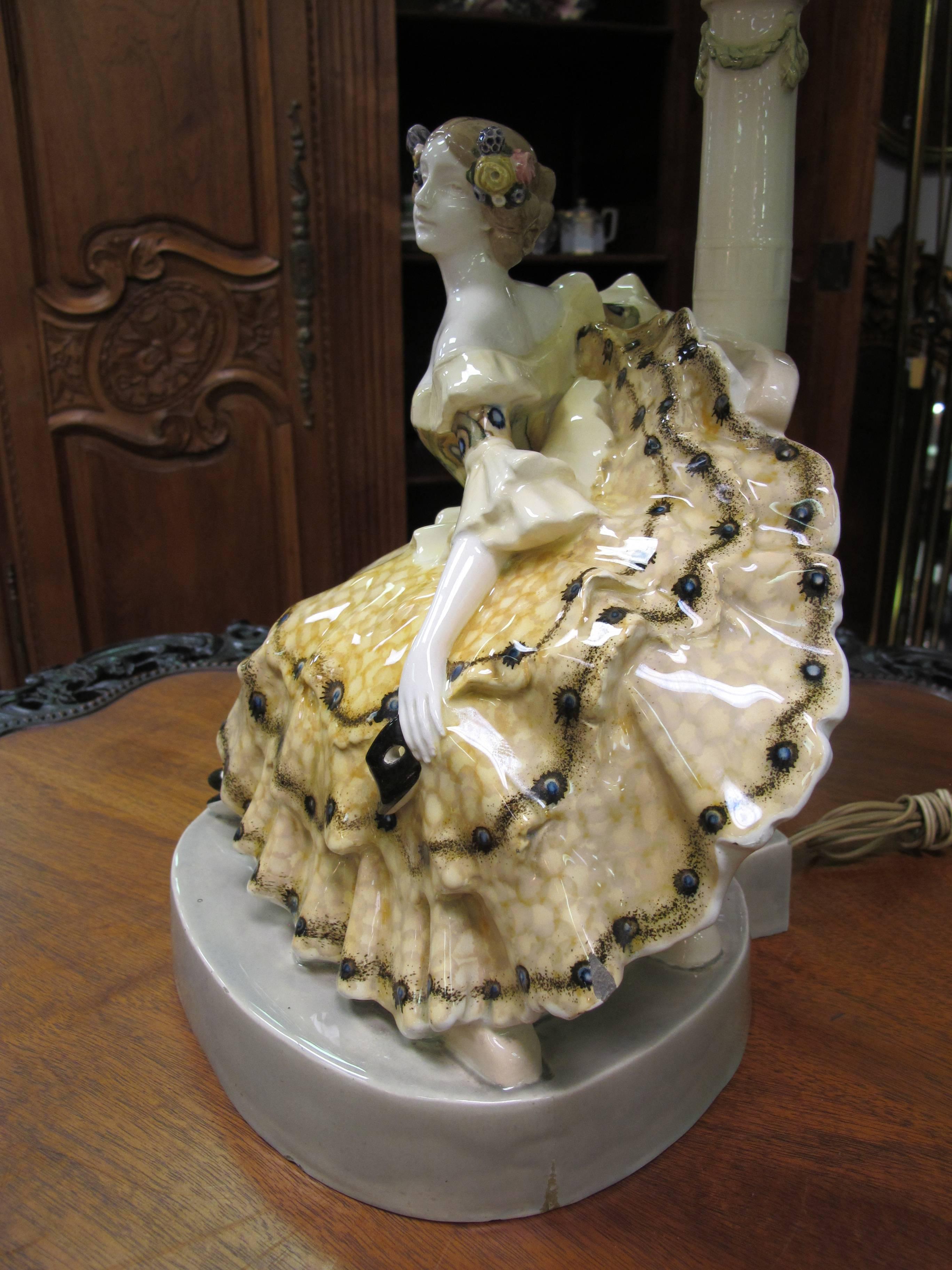 Austrian Southern Belle Lady Glazed Porcelain Lamp by Podolo for Goldscheider For Sale