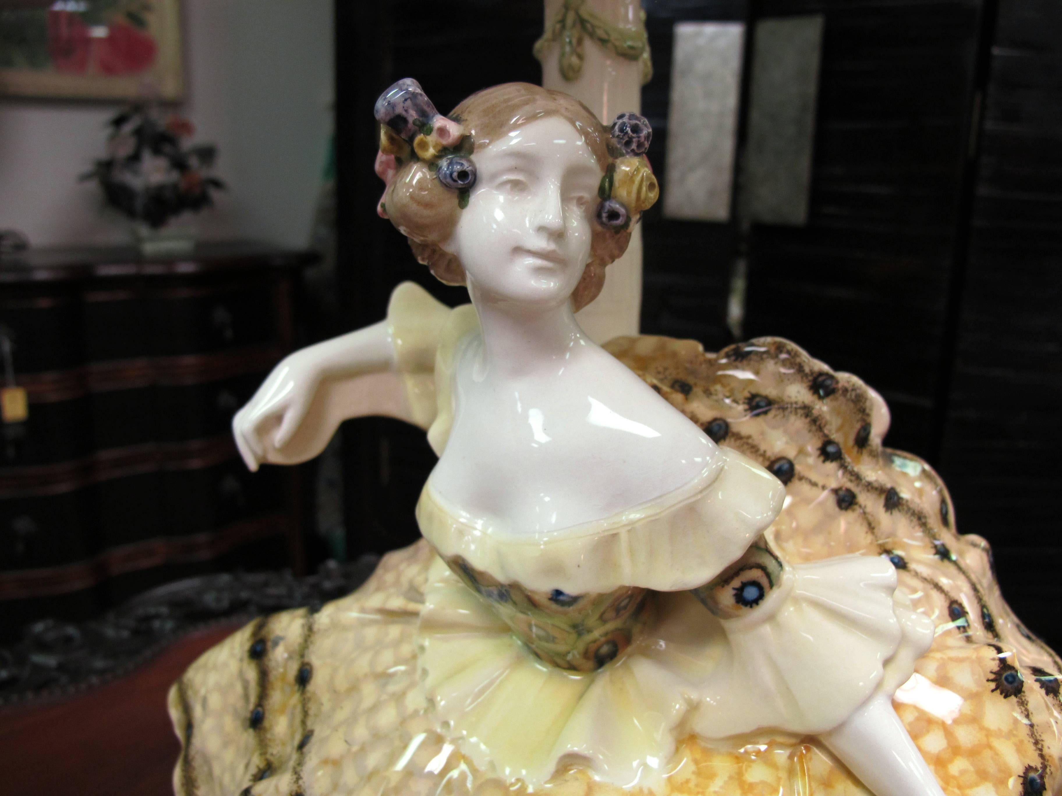 Southern Belle Lady Glazed Porcelain Lamp by Podolo for Goldscheider In Fair Condition For Sale In Cleveland, OH