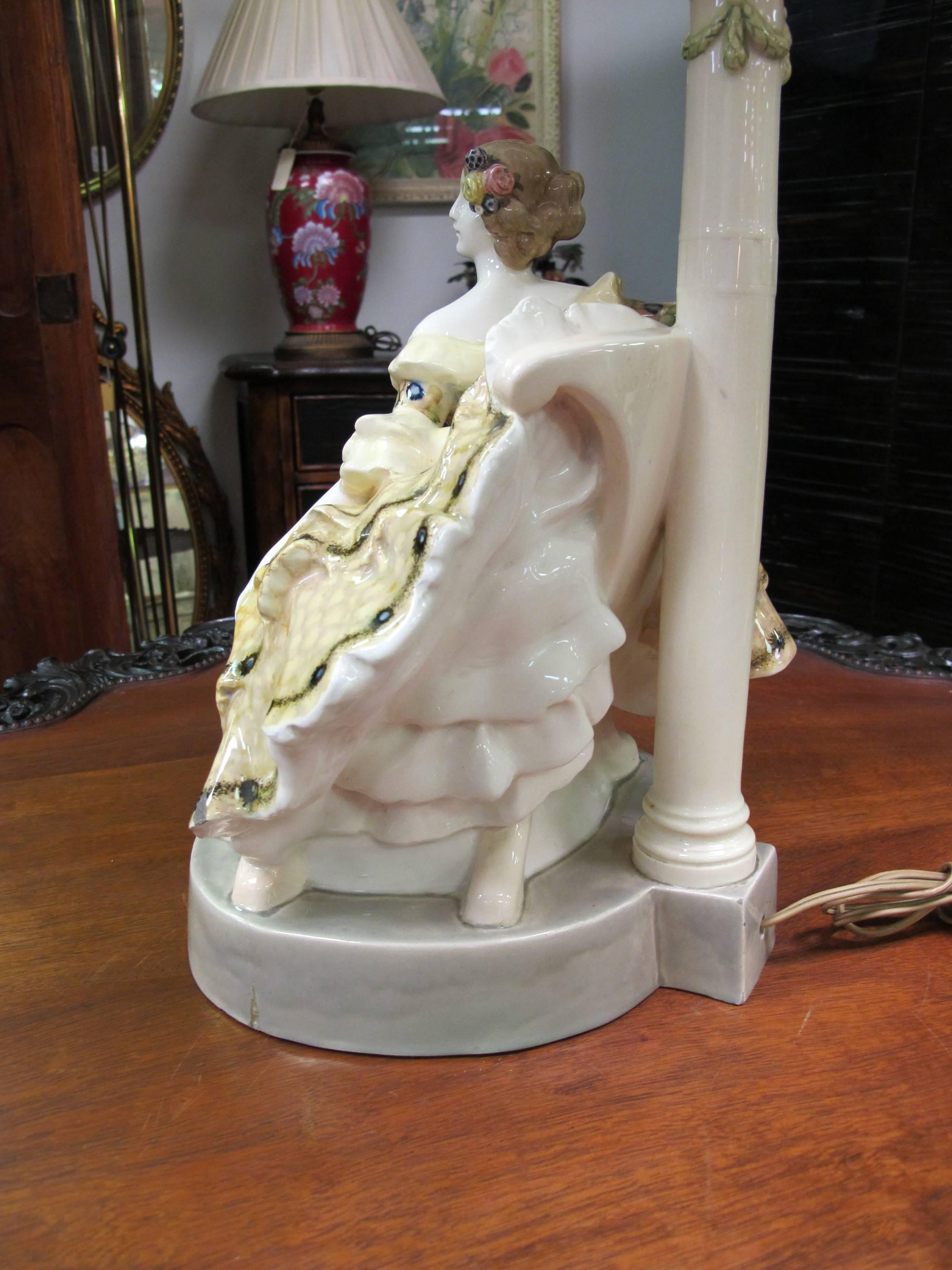 20th Century Southern Belle Lady Glazed Porcelain Lamp by Podolo for Goldscheider For Sale