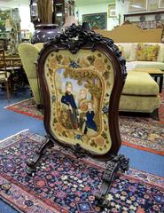 Late 1800s European Victorian Mahogany Screen, Hand-Painted Faces