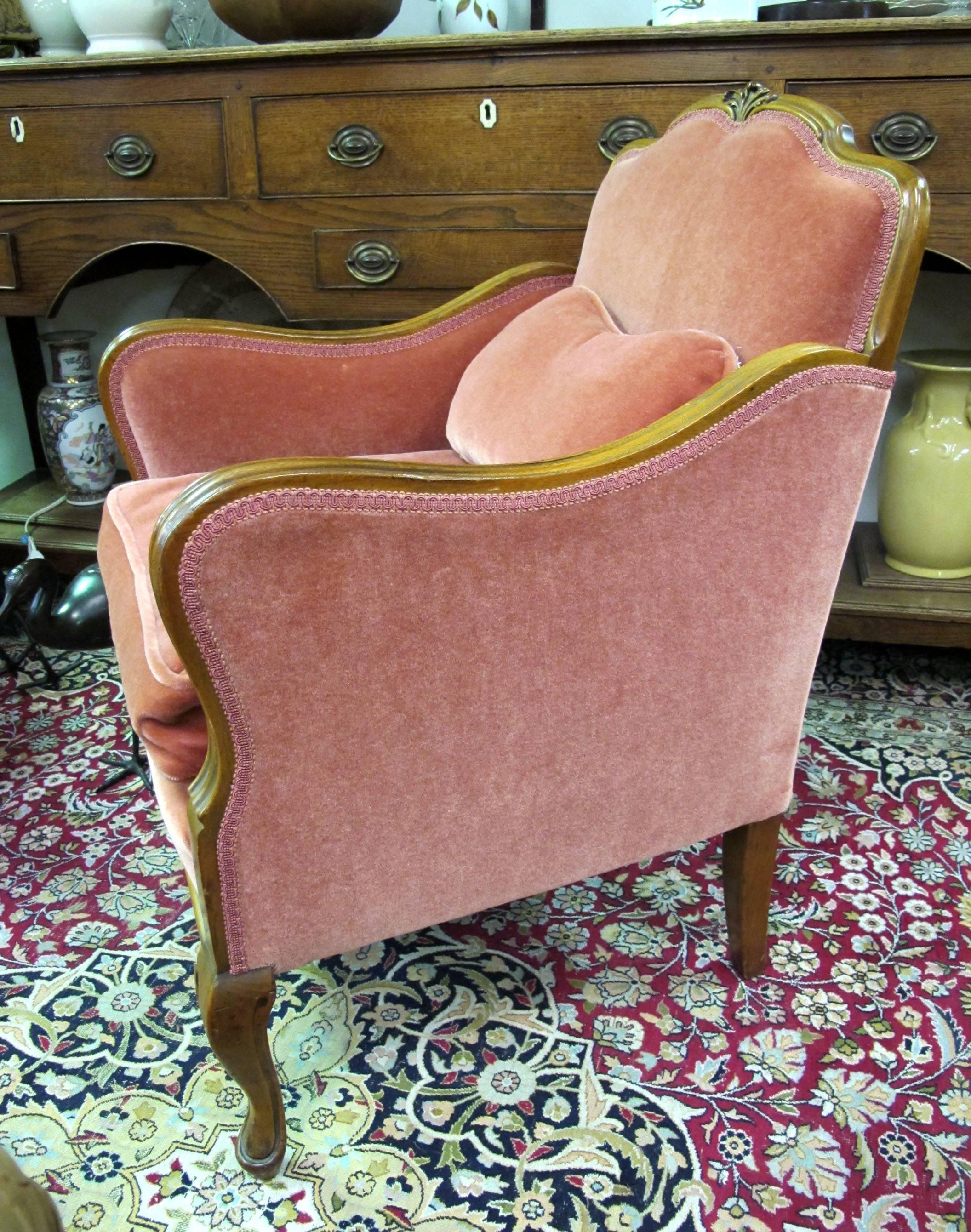 These silk mohair pink chairs are circa 1910 and are 
very soft to the touch. They stand 35