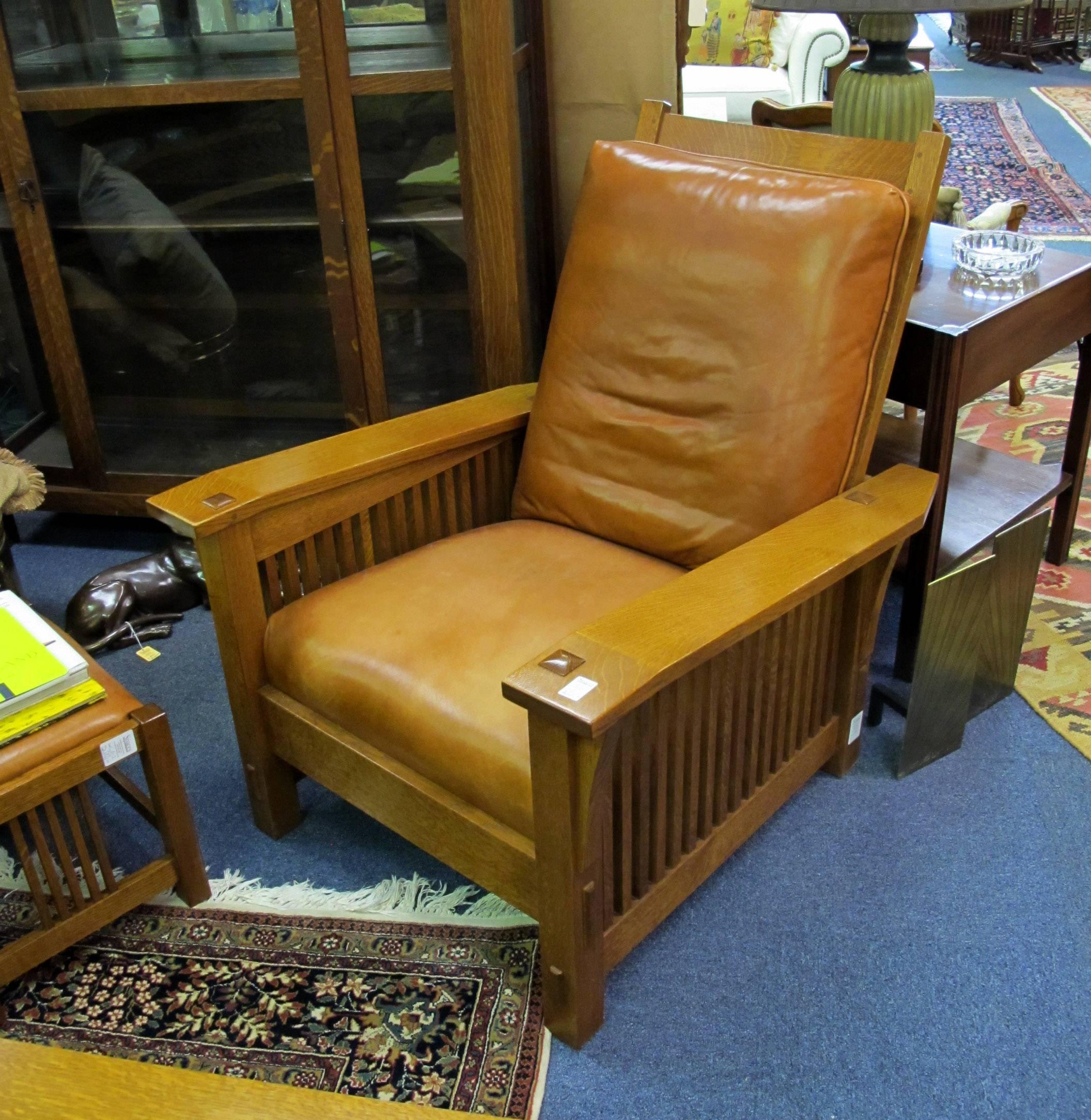 Mission Oak Stickley Brown Leather Modern Side Chair For Sale