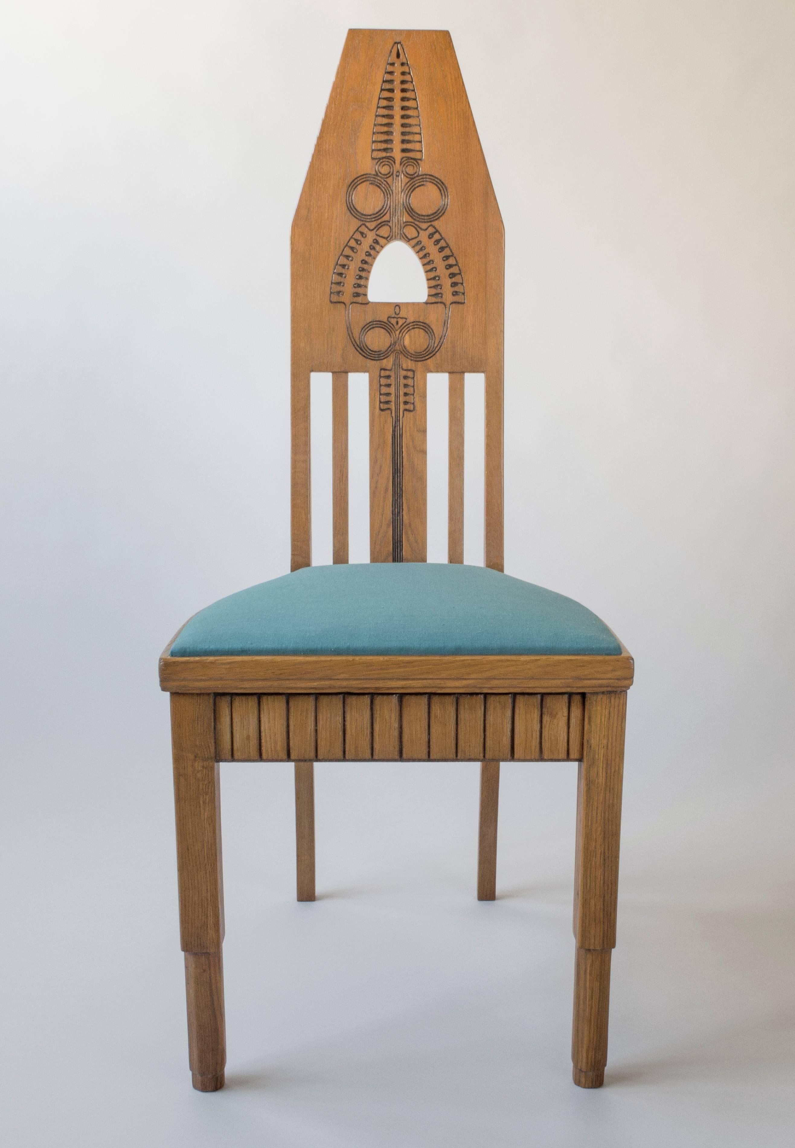 Art Nouveau Set of Four Finnish Carved Oak High-Back Jugend Chairs For Sale