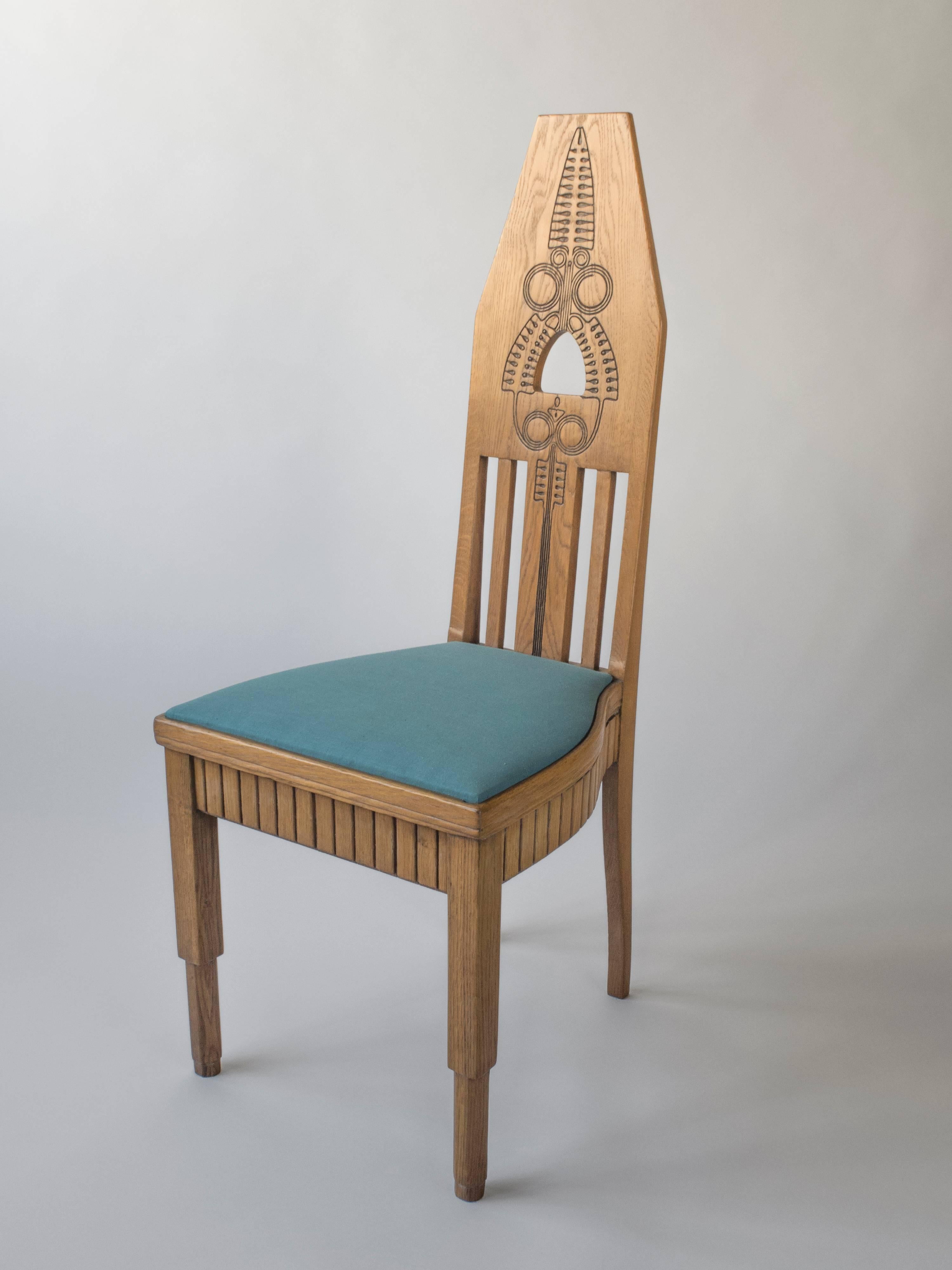 Typical of Nordic, and in particular Finnish Jugend / Art Nouveau works, the chairs boldly play on geometric forms and local, natural motifs. Each chair beautifully hand-carved. The linear top-rail, surmounting a tall and thin backrest adorned in
