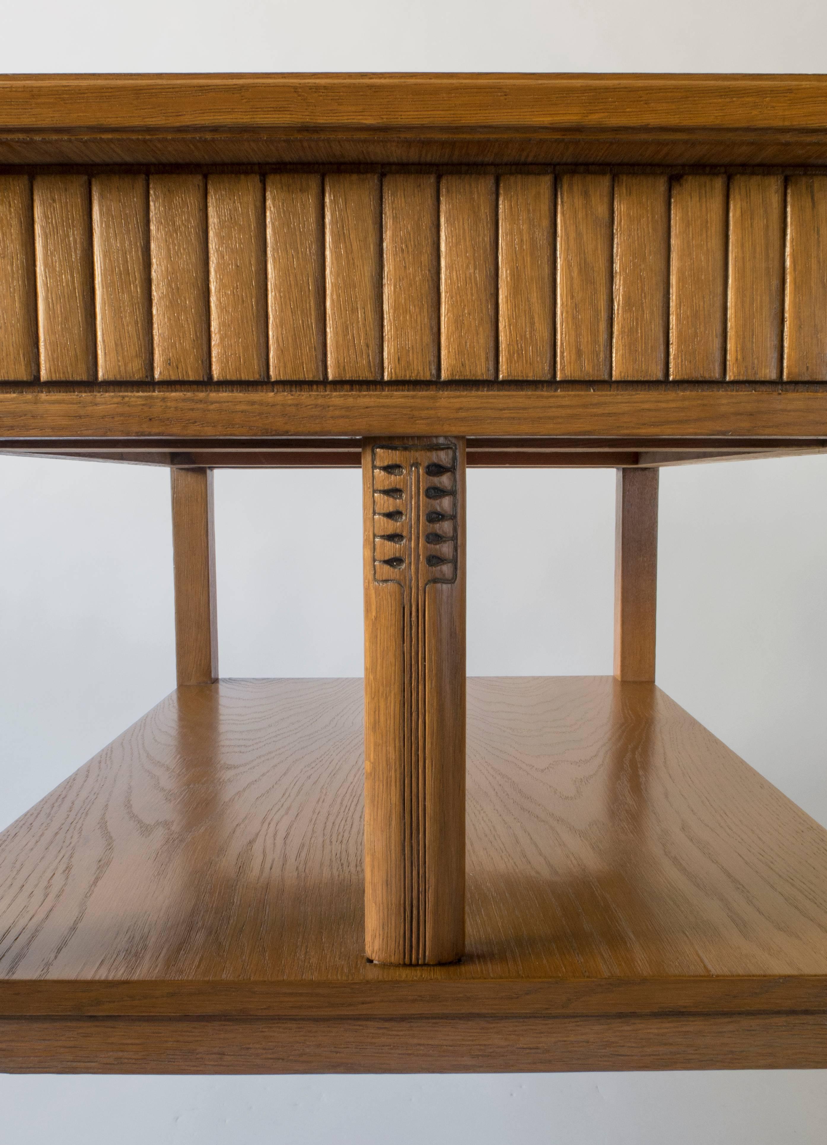 20th Century Manner of Eliel Saarinen, Finnish Carved Oak Two-Tier Jugend Sideboard or Table