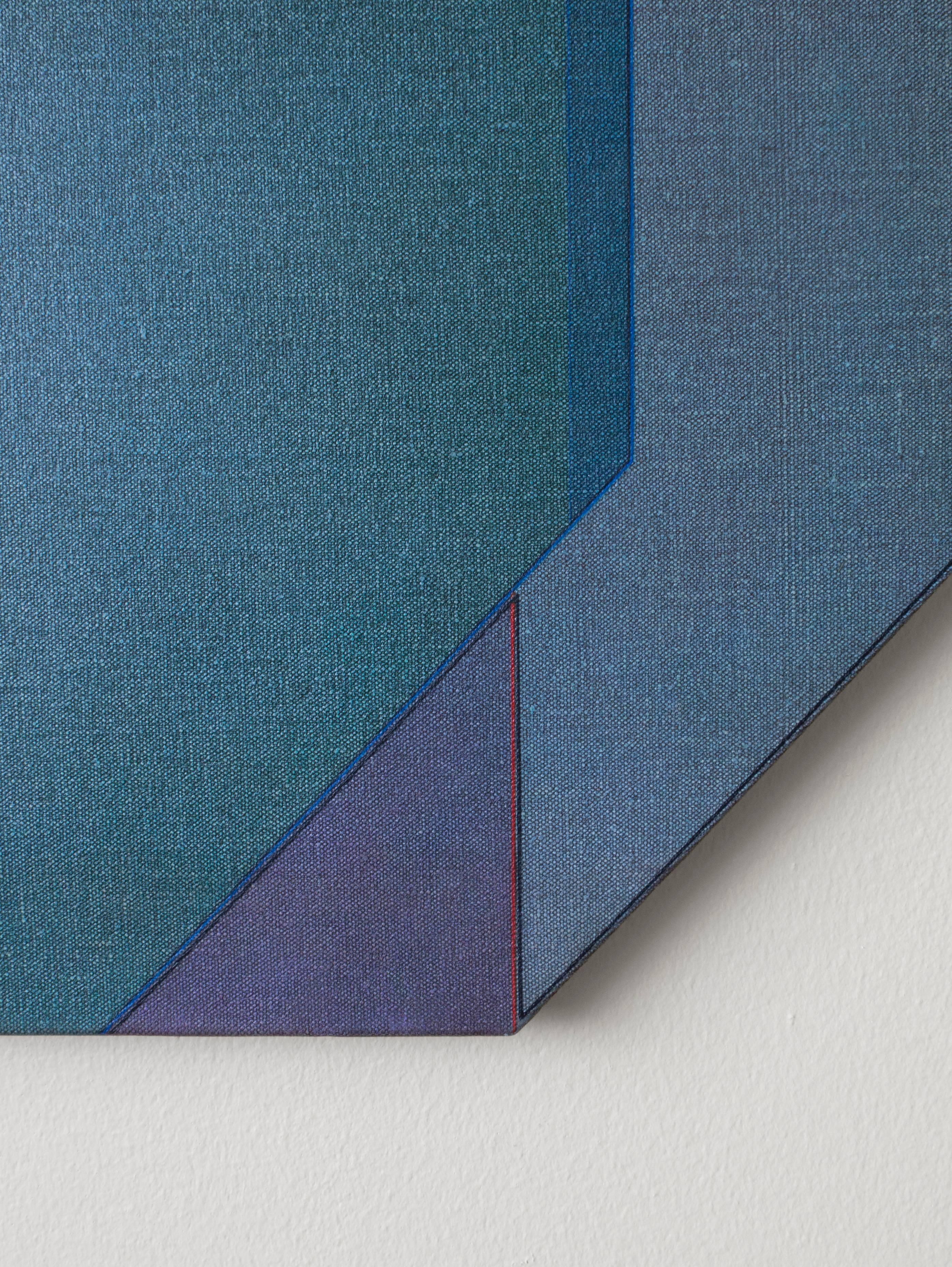 Slate blue, teal and violet pigment on canvas, stretched over a geometric frame. Signed on the reverse: Carl Magnus - 89 - 90 "Casharsis".