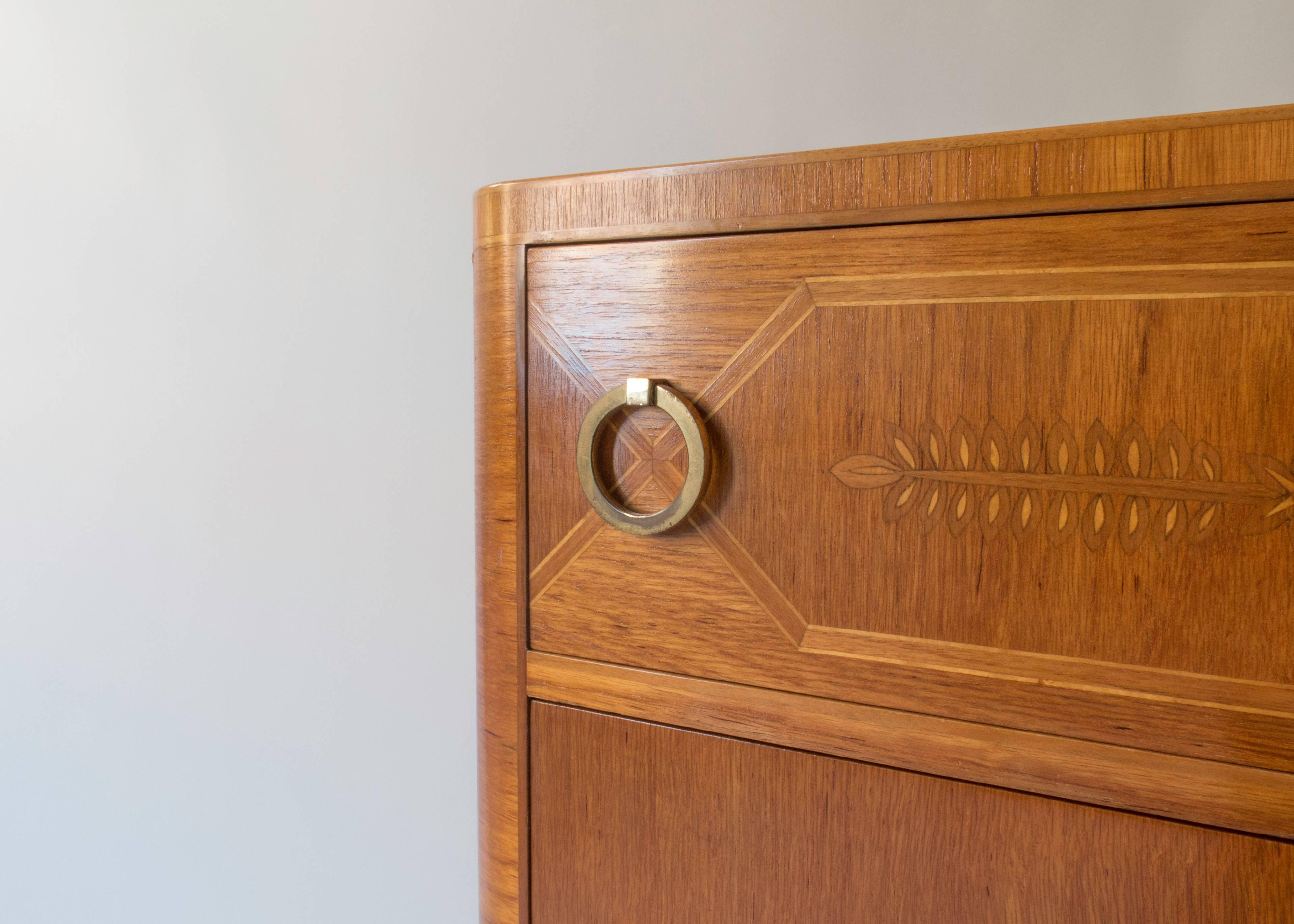 Carl Cederholm Attributed, Swedish Brass-Mounted Teak, Oak and Marquetry Commode In Good Condition In Philadelphia, PA