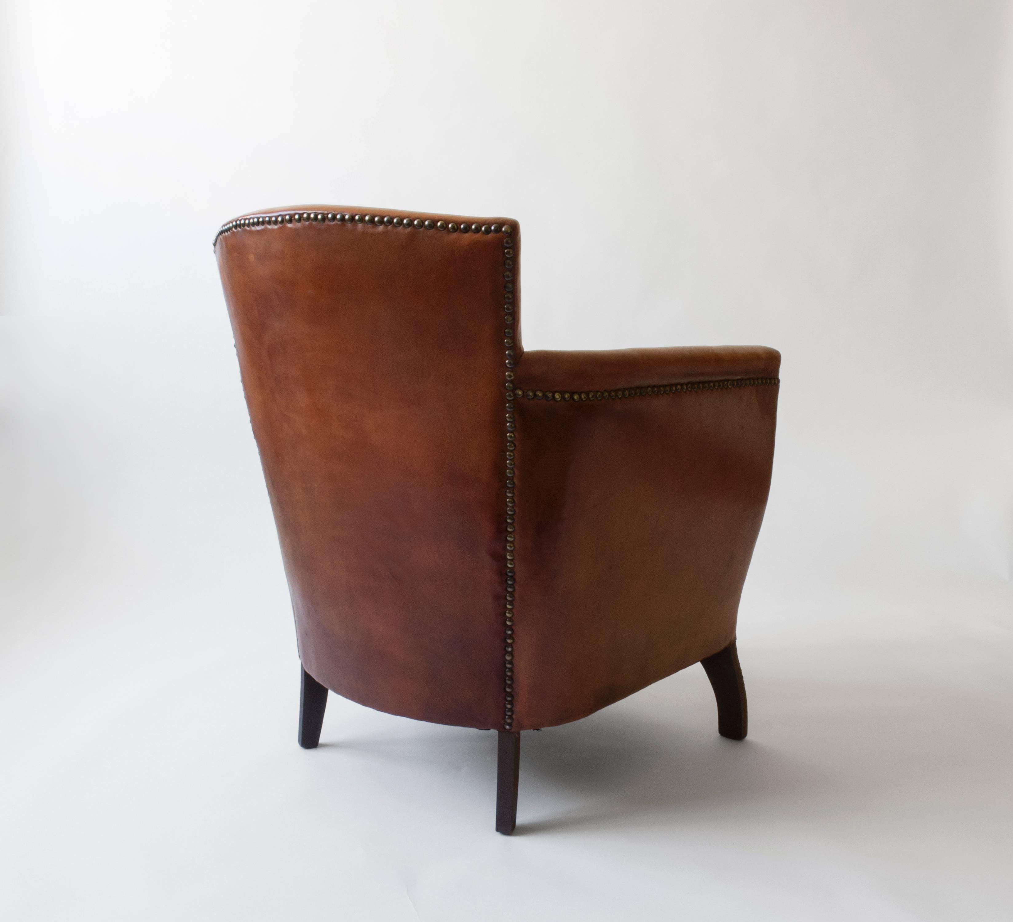 Mid-20th Century Otto Schulz Petite Original Leather, Brass and Silk Upholstered Swedish Armchair