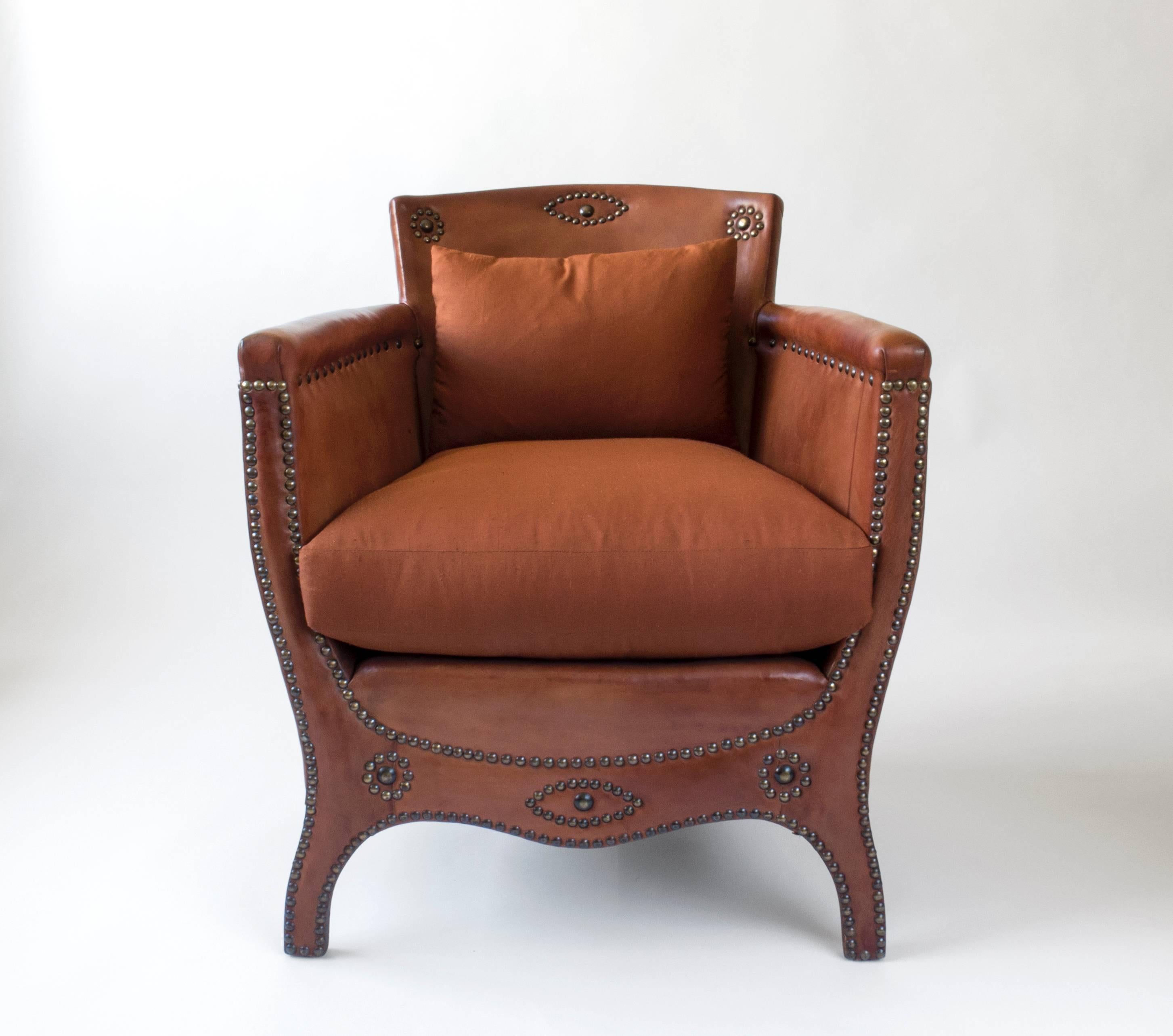 Modern Otto Schulz Petite Original Leather, Brass and Silk Upholstered Swedish Armchair