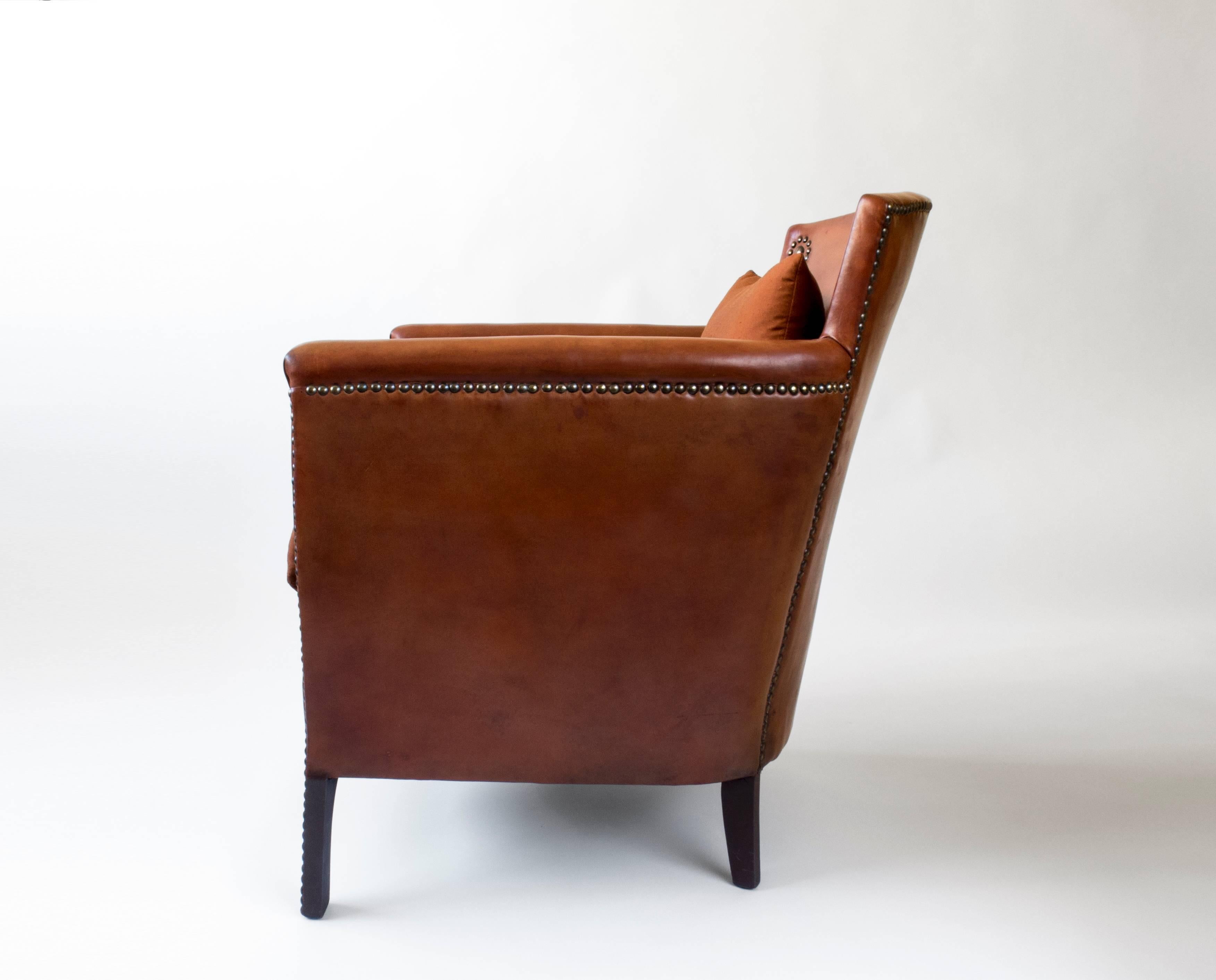 Otto Schulz Petite Original Leather, Brass and Silk Upholstered Swedish Armchair In Good Condition In Philadelphia, PA