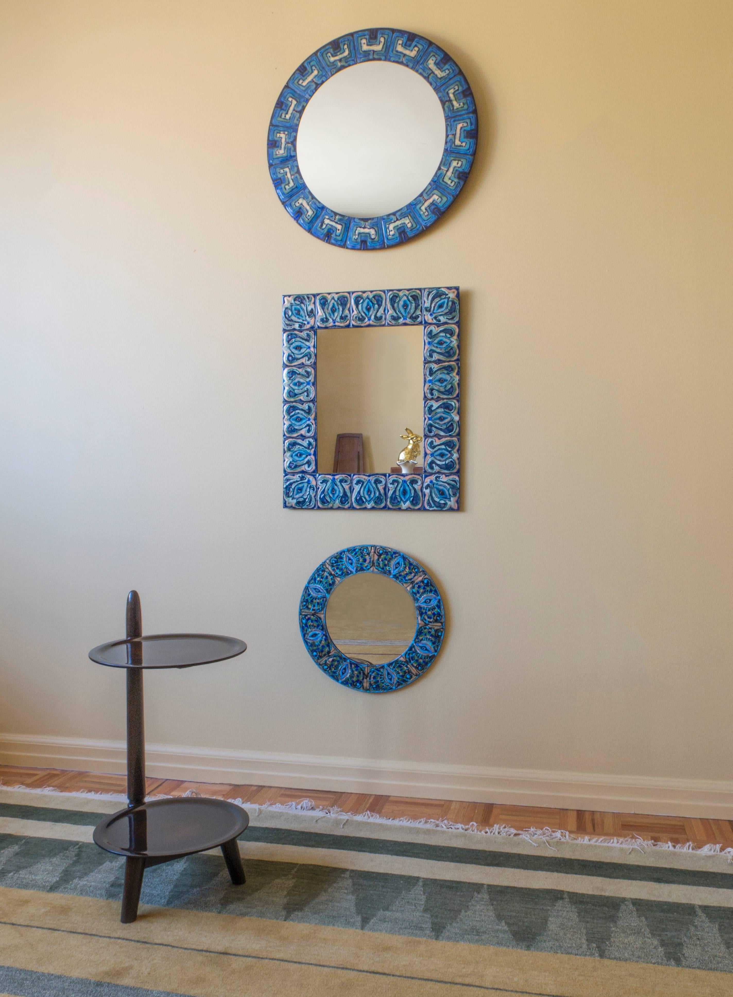 Bodil Eje, Unique Turquoise and Persian Blue Mid-Century Circular Enamel Mirror In Good Condition For Sale In Philadelphia, PA