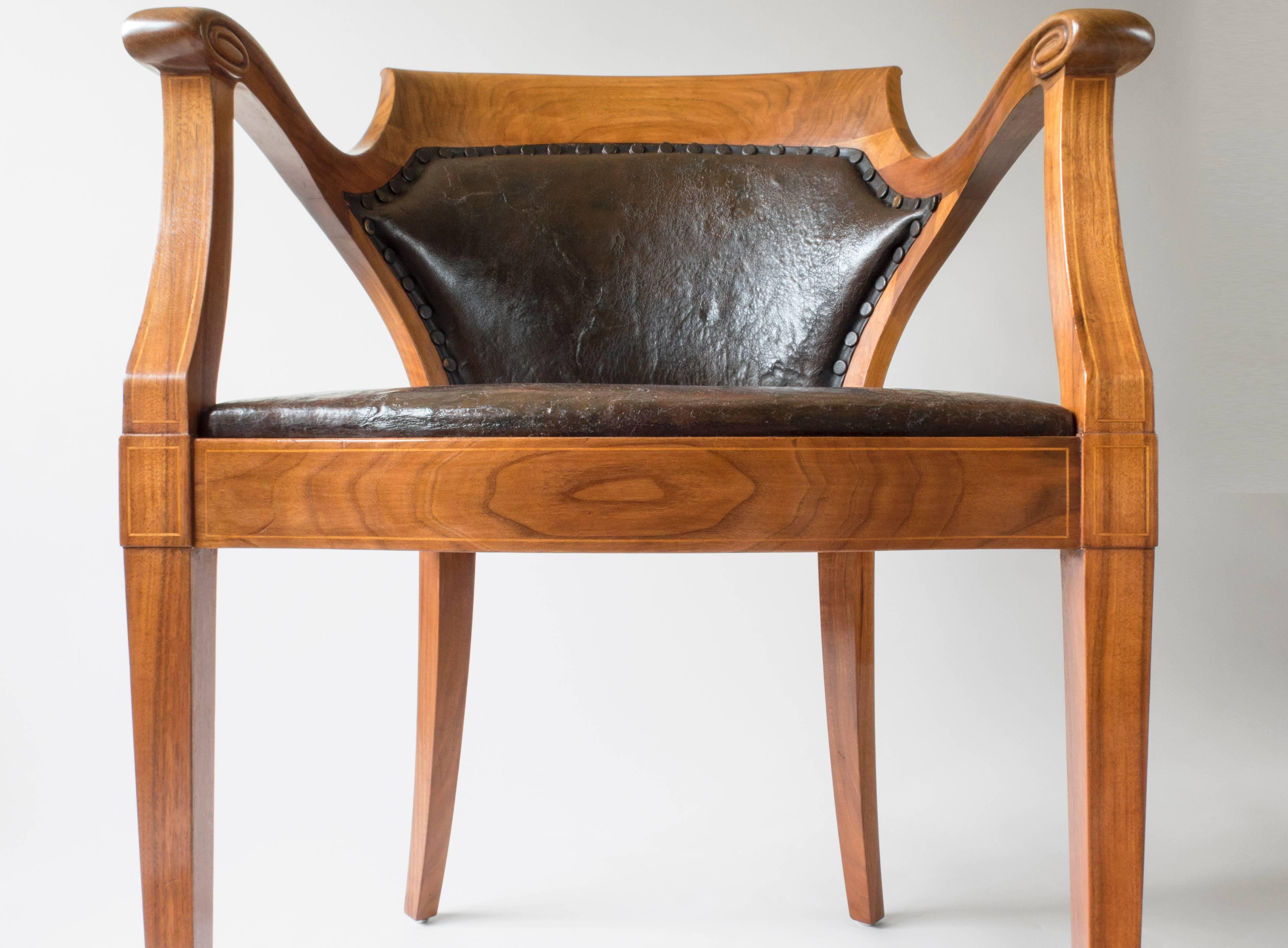 Leather Nordiska Möblerings, Large and Comfortable Inlaid Walnut Jugend Armchair