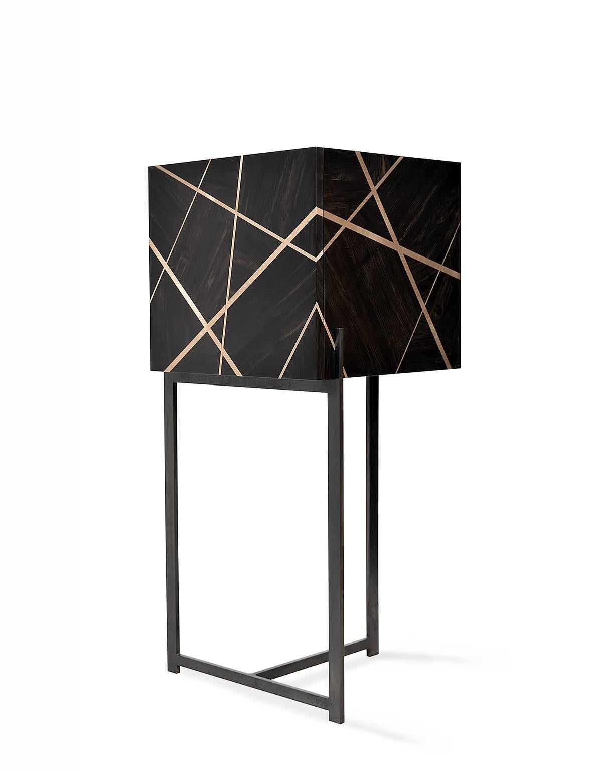 Ray Cabinet in Ebony, Bronze Inlay and Iron Base by Newell Design For Sale 1