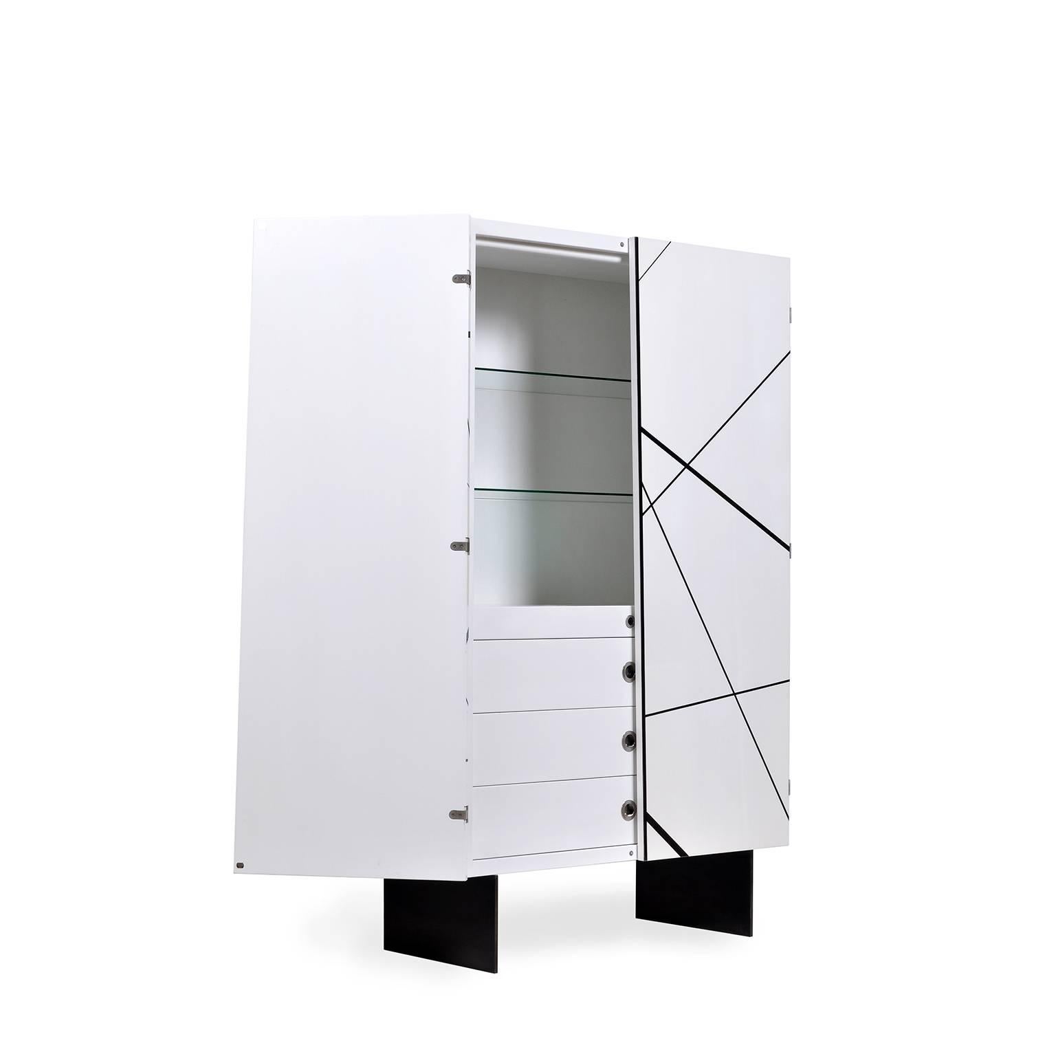 American Ray Cabinet in Gloss White Lacquer and Ebony Inlay by Newell Design Studio For Sale