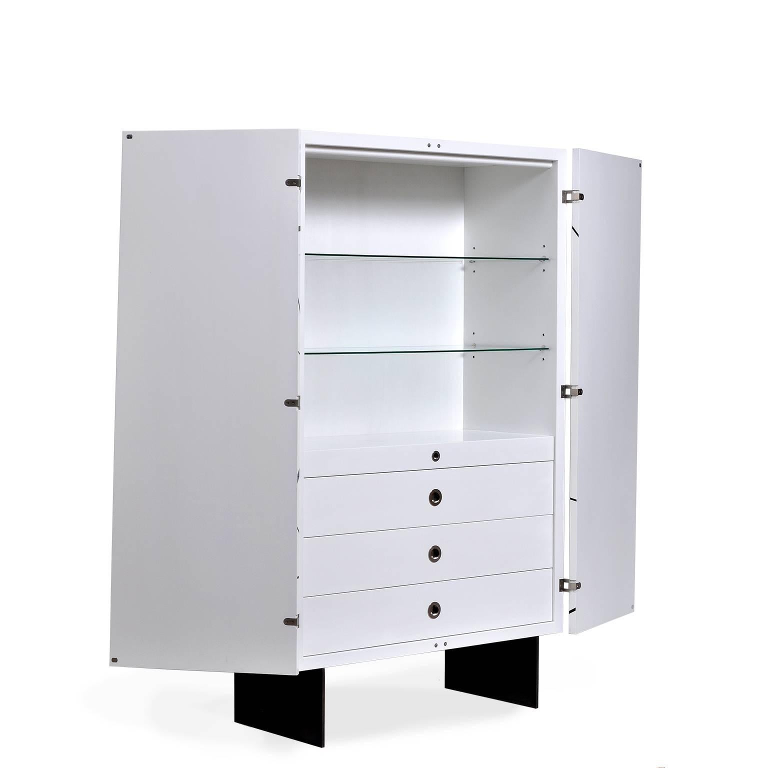 Blackened Ray Cabinet in Gloss White Lacquer and Ebony Inlay by Newell Design Studio For Sale