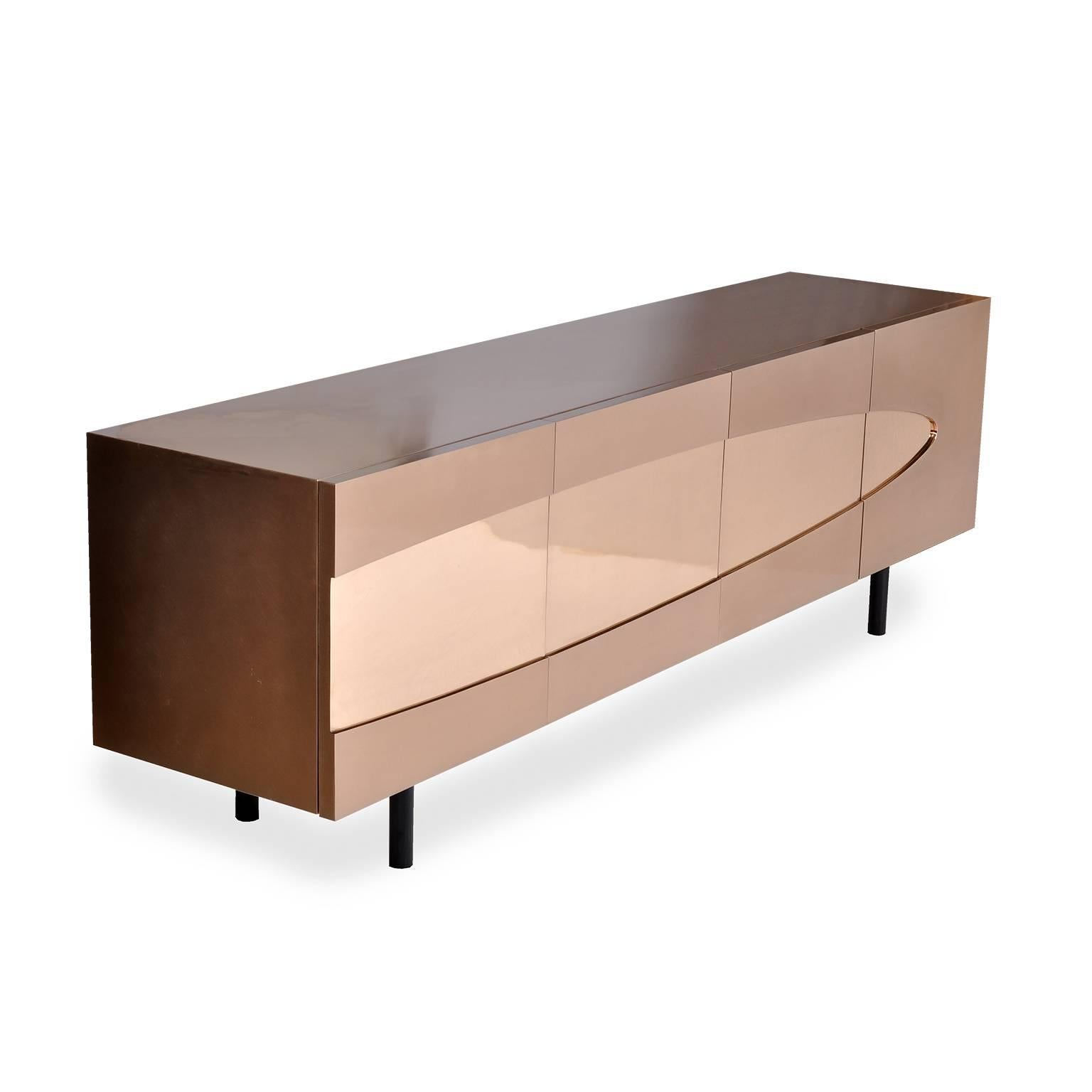 Ellipse Sideboard in Bronze with Turned Ebony Legs and Lacquer Interior In New Condition For Sale In Orange, CA