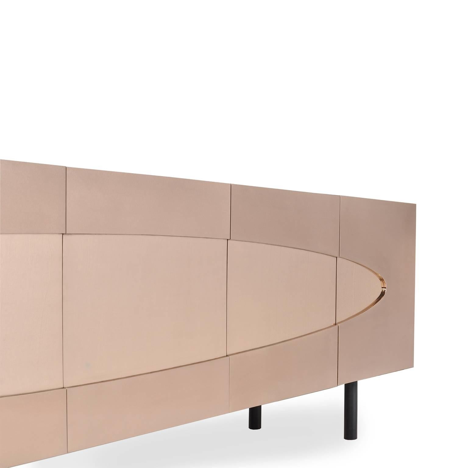 Contemporary Ellipse Sideboard in Bronze with Turned Ebony Legs and Lacquer Interior For Sale