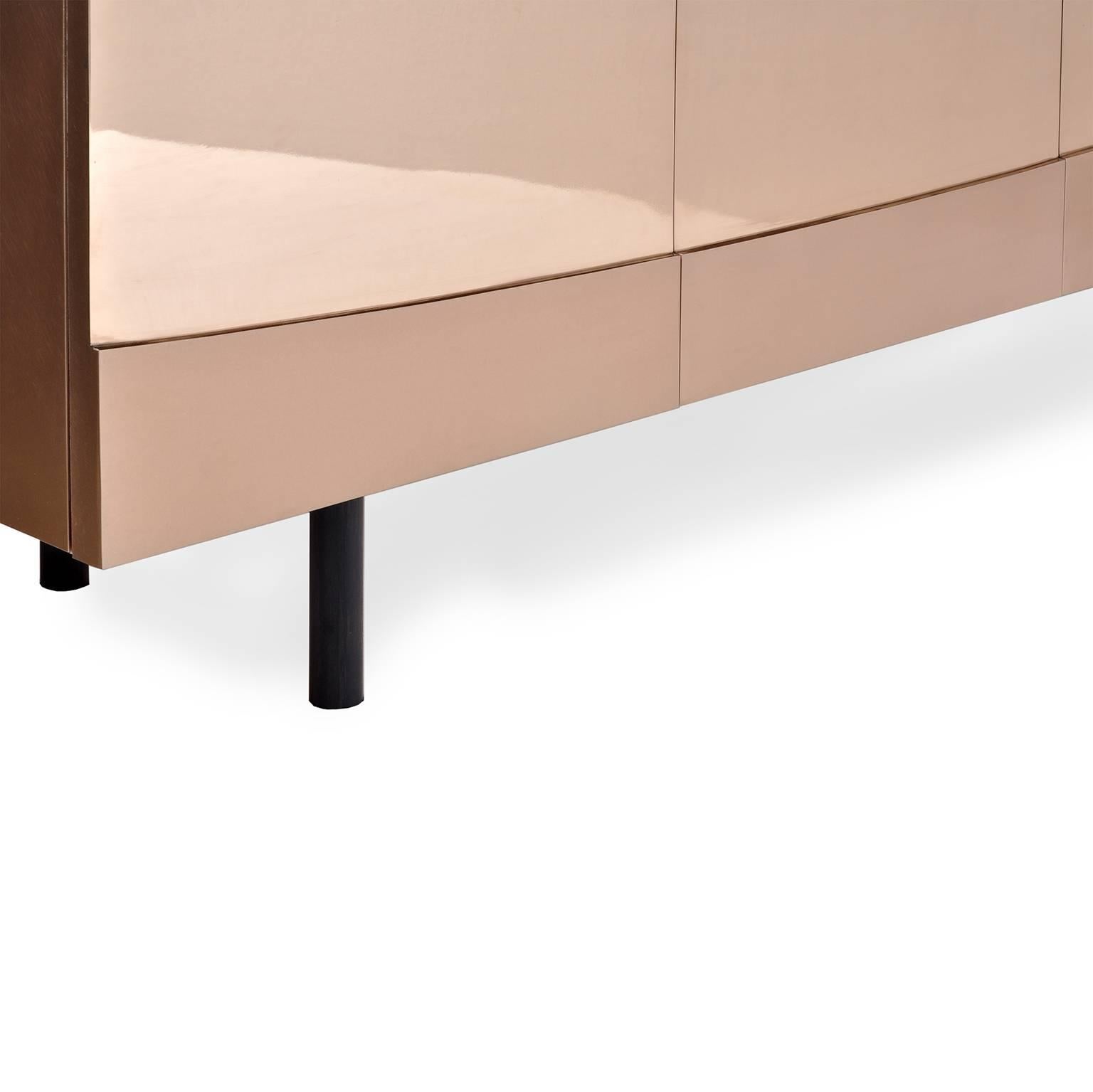 Ellipse Sideboard in Bronze with Turned Ebony Legs and Lacquer Interior For Sale 1
