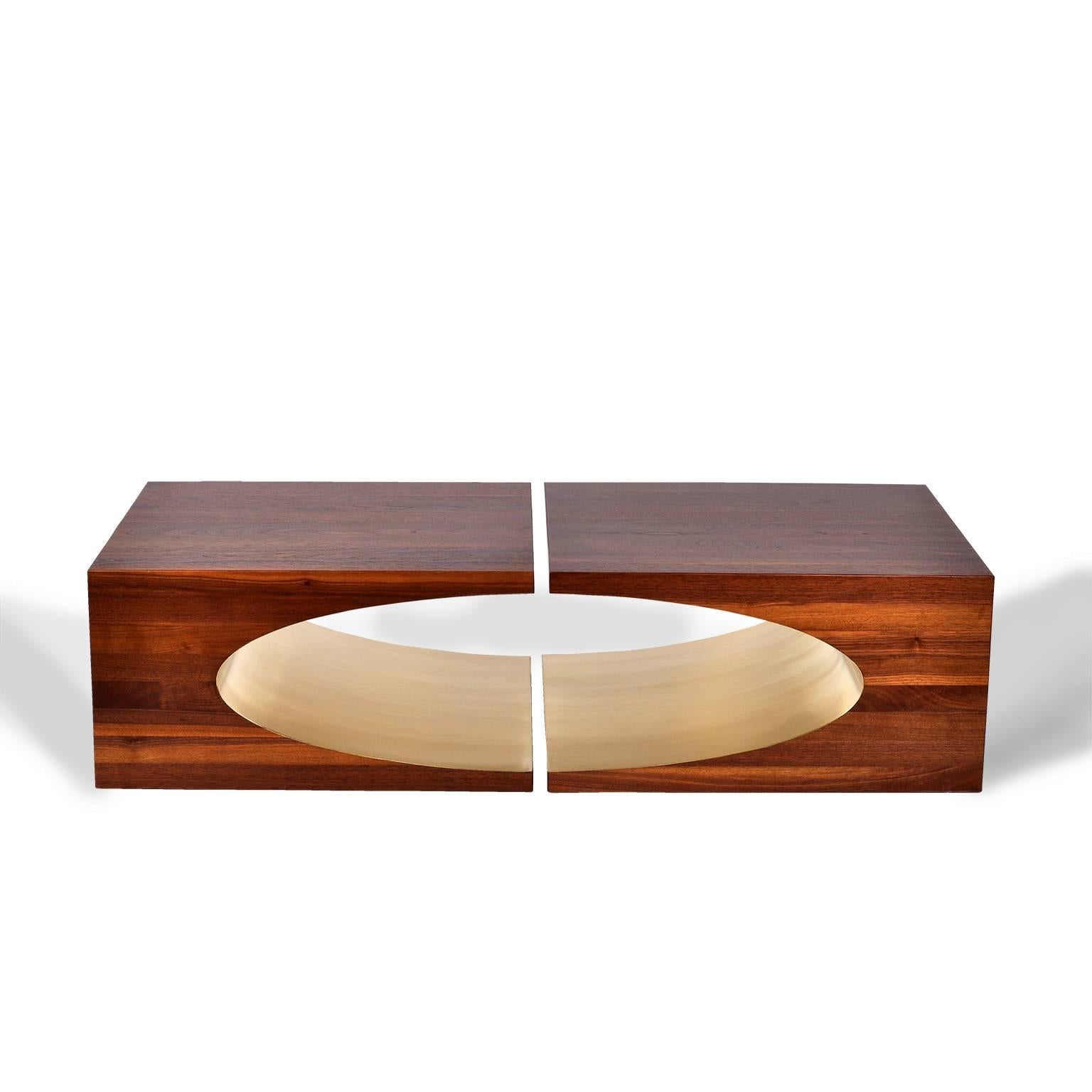 Polished Ellipse Coffee Table Sculpted in Solid Walnut and Brass by Newell Design For Sale