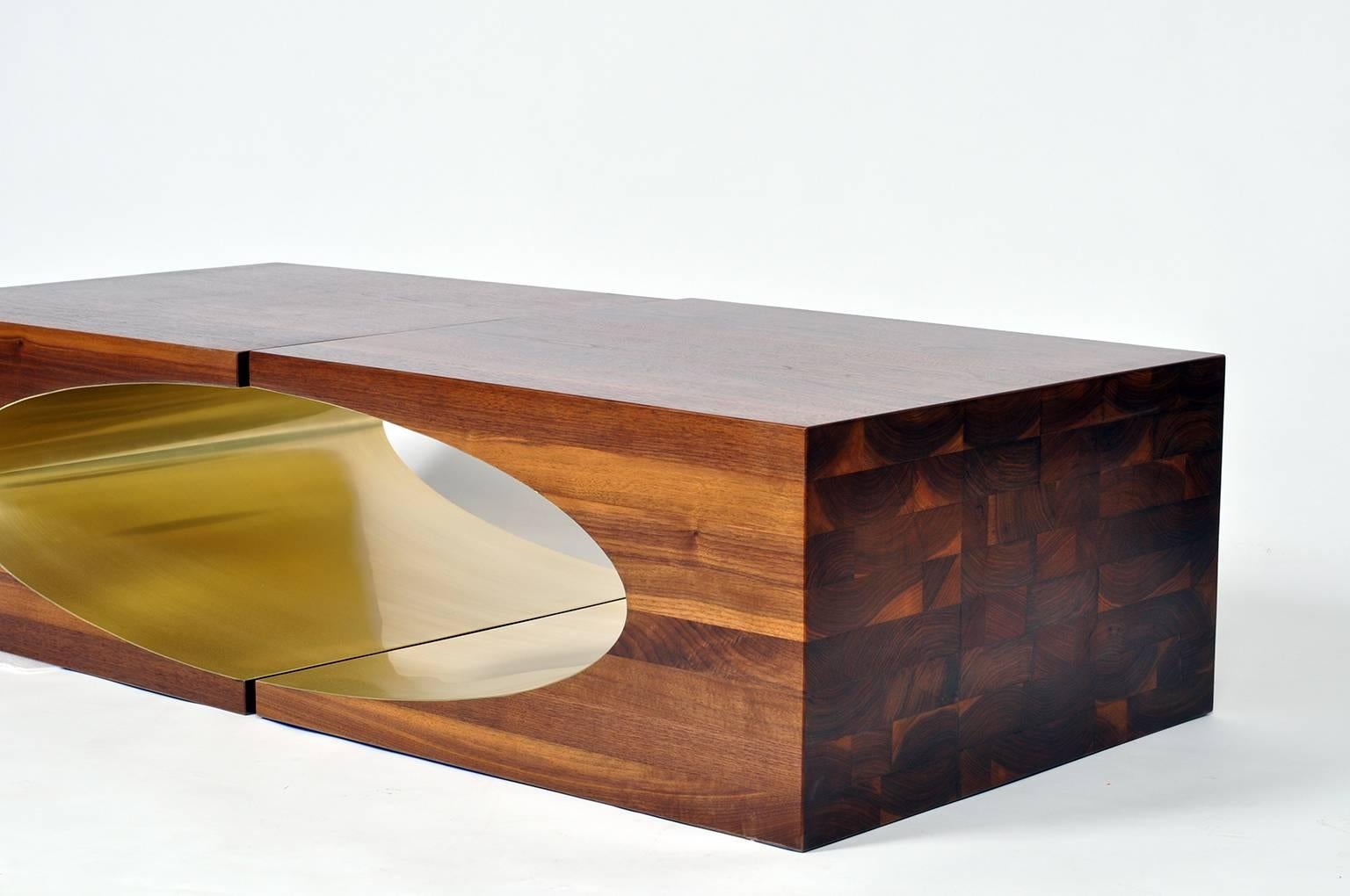 Ellipse Coffee Table Sculpted in Solid Walnut and Brass by Newell Design For Sale 2