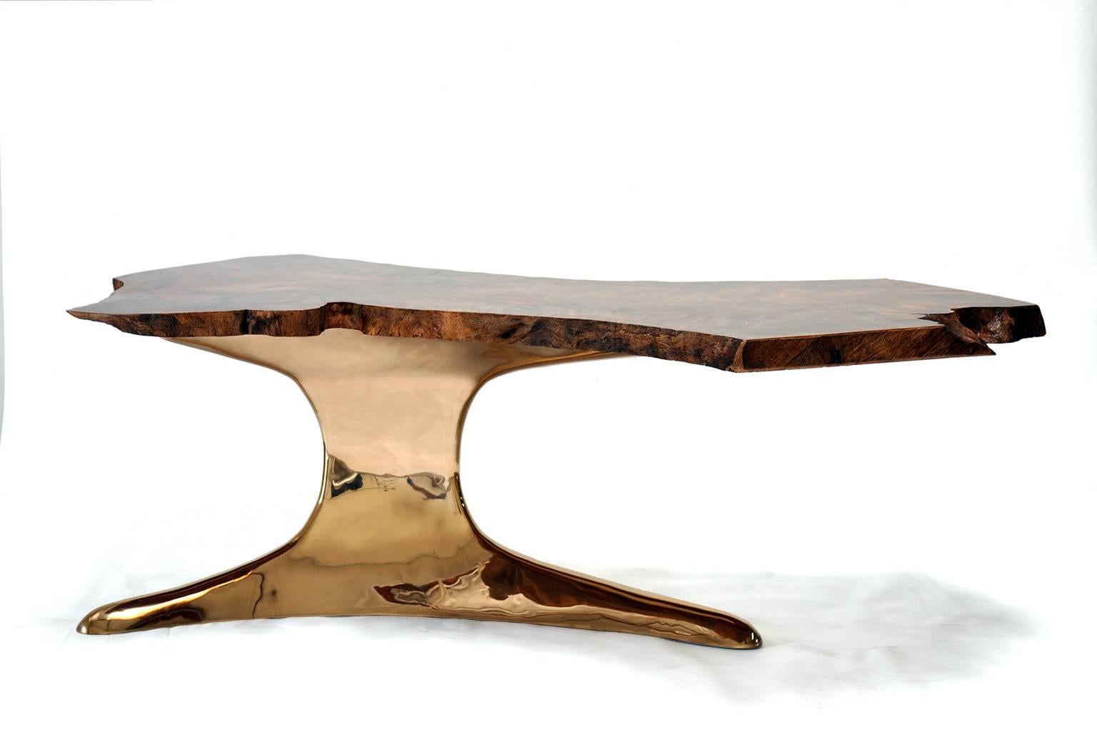 American Root Table in Cast Polished Bronze and Natural Edge Oak by Newell Design For Sale
