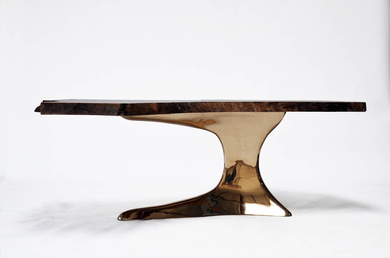 Root Table in Cast Polished Bronze and Natural Edge Oak by Newell Design In New Condition For Sale In Orange, CA