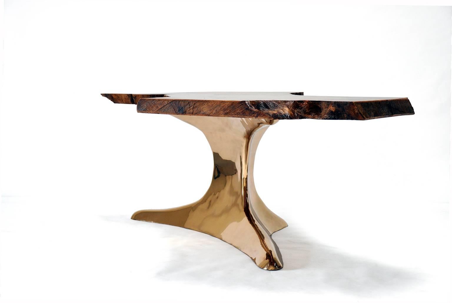 Contemporary Root Table in Cast Polished Bronze and Natural Edge Oak by Newell Design For Sale
