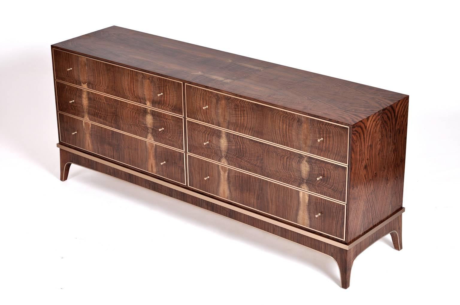Reve Six-Drawer Dresser in Bastogne Walnut and Bronze by Newell Design In New Condition For Sale In Orange, CA