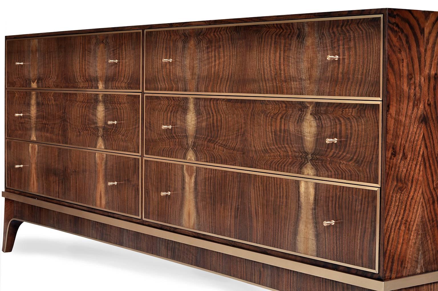 Reve Six-Drawer Dresser in Bastogne Walnut and Bronze by Newell Design For Sale 1