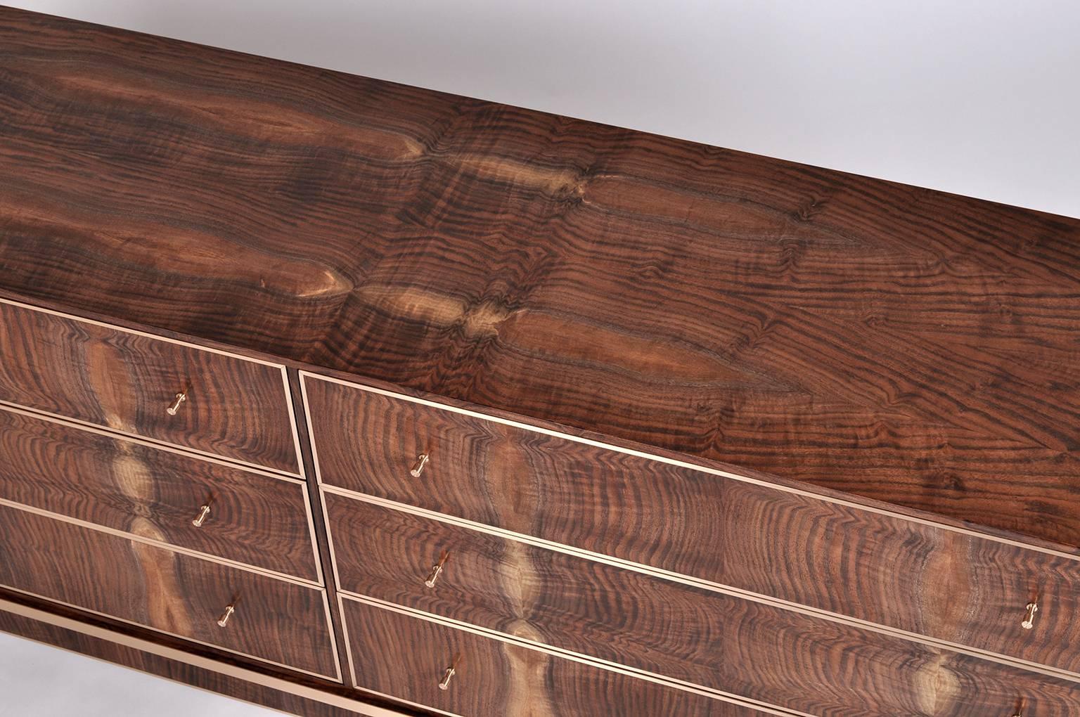 Contemporary Reve Six-Drawer Dresser in Bastogne Walnut and Bronze by Newell Design For Sale
