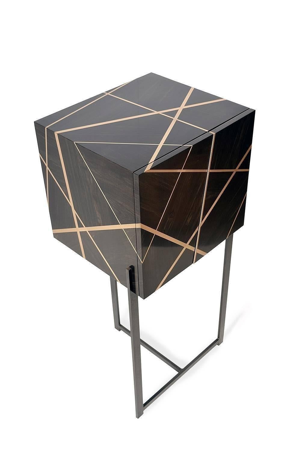 Contemporary Ray Cabinet in Ebony, Bronze Inlay and Iron Base by Newell Design For Sale