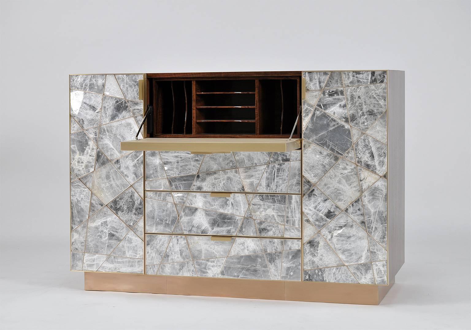 Contemporary Mosaic Cabinet in Selenite, Bronze and Claro Walnut by Newell Design Studio For Sale