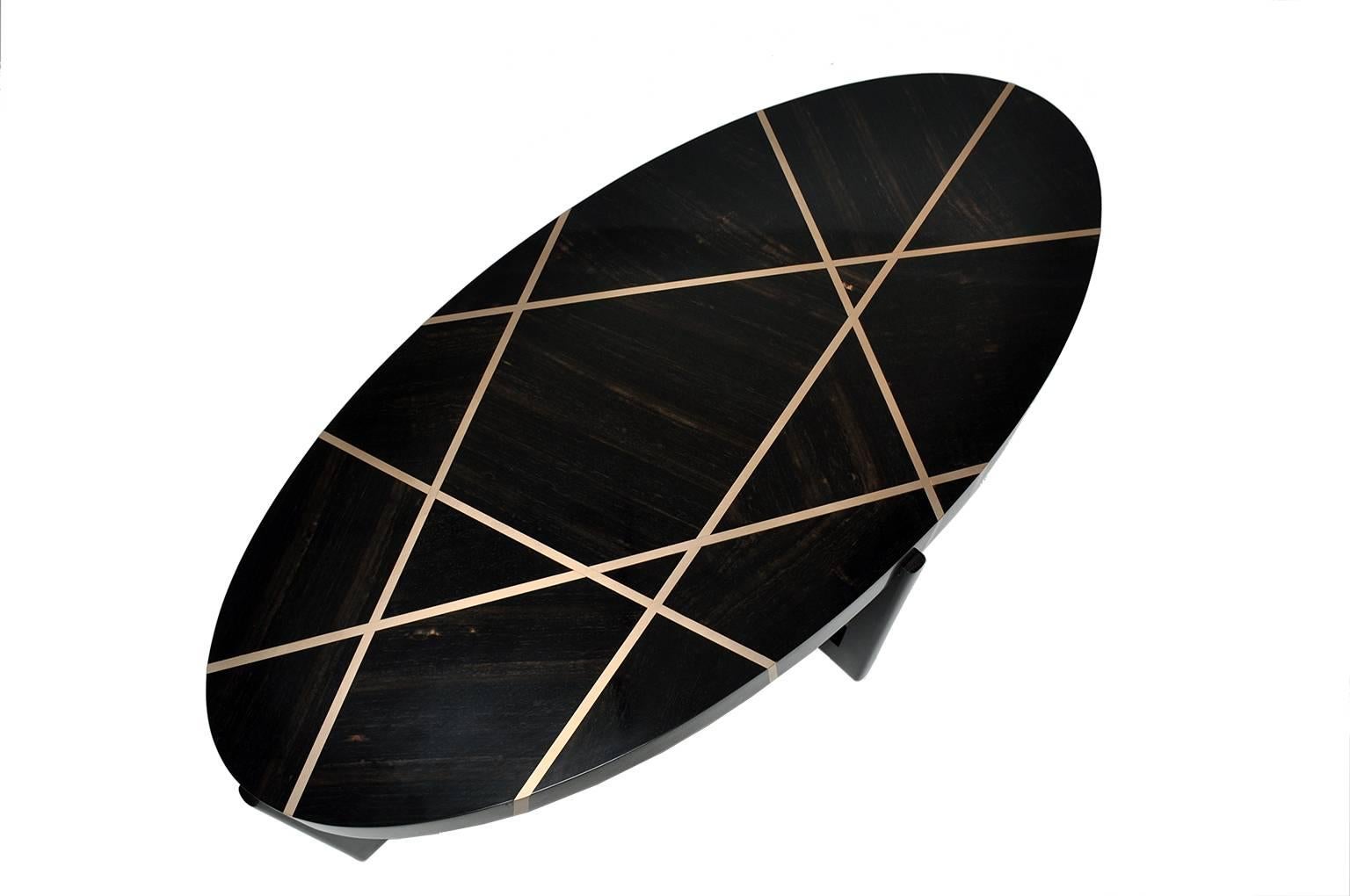 North American Ray Oval Cocktail Table in Genuine Gabon Ebony and Bronze by Newell Design For Sale