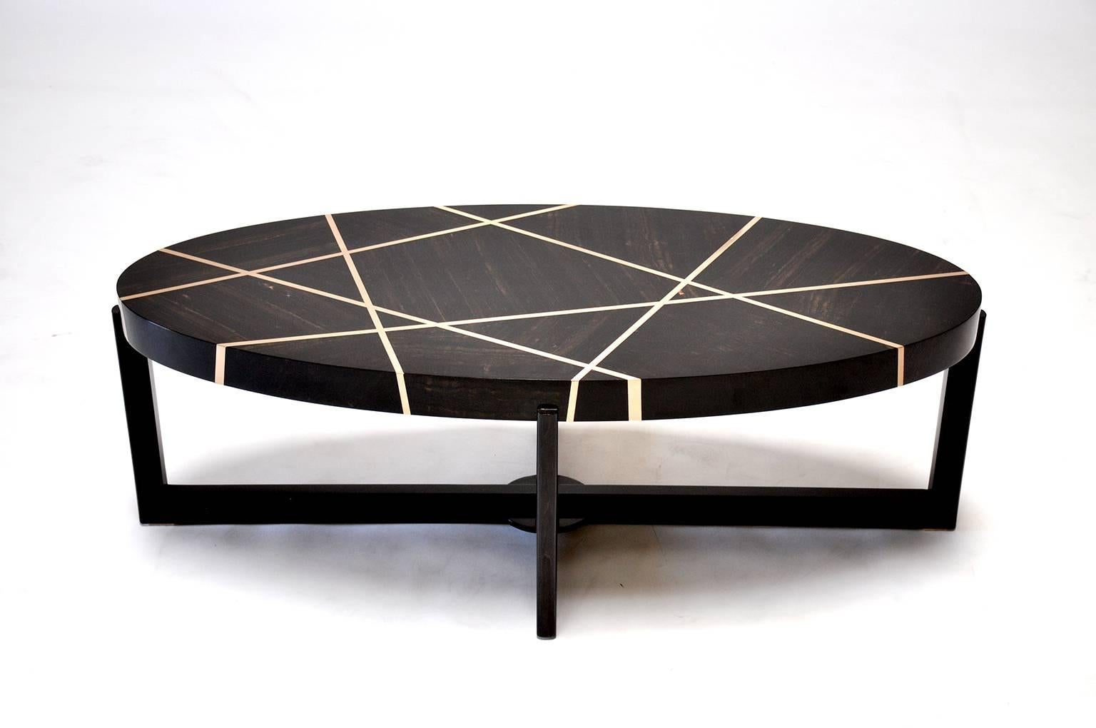 Inlay Ray Oval Cocktail Table in Genuine Gabon Ebony and Bronze by Newell Design For Sale
