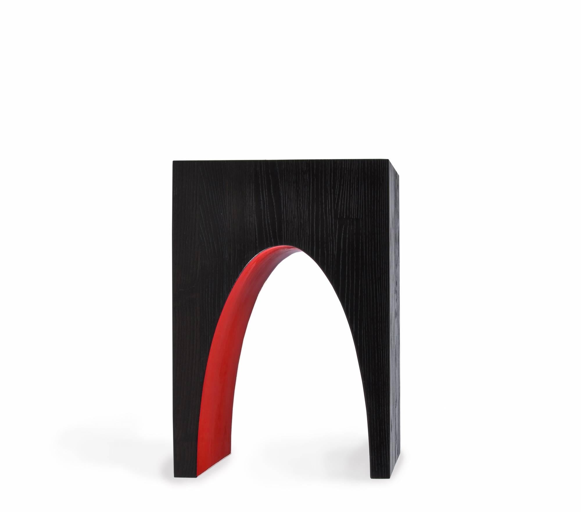 Woodwork Ellipse End Table in Etched Ash and Red Lacquer by Newell Design For Sale