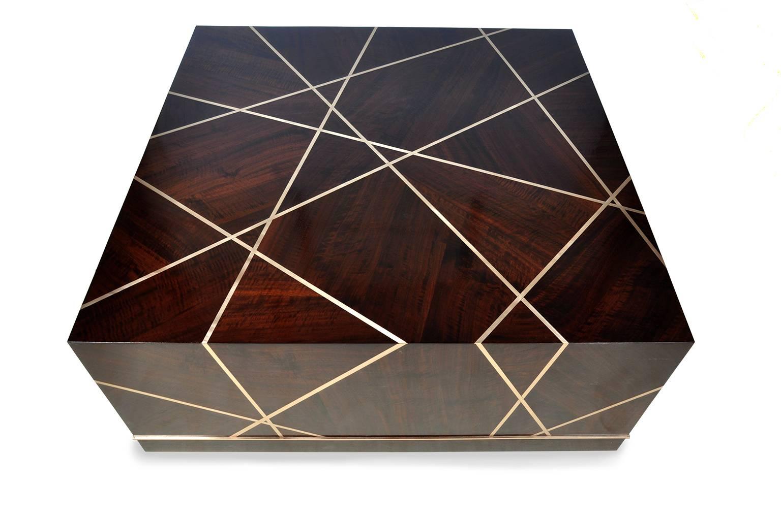 Inlay Ray Cocktail Table in Aniline Dyed Claro Walnut and Bronze by Newell Design For Sale