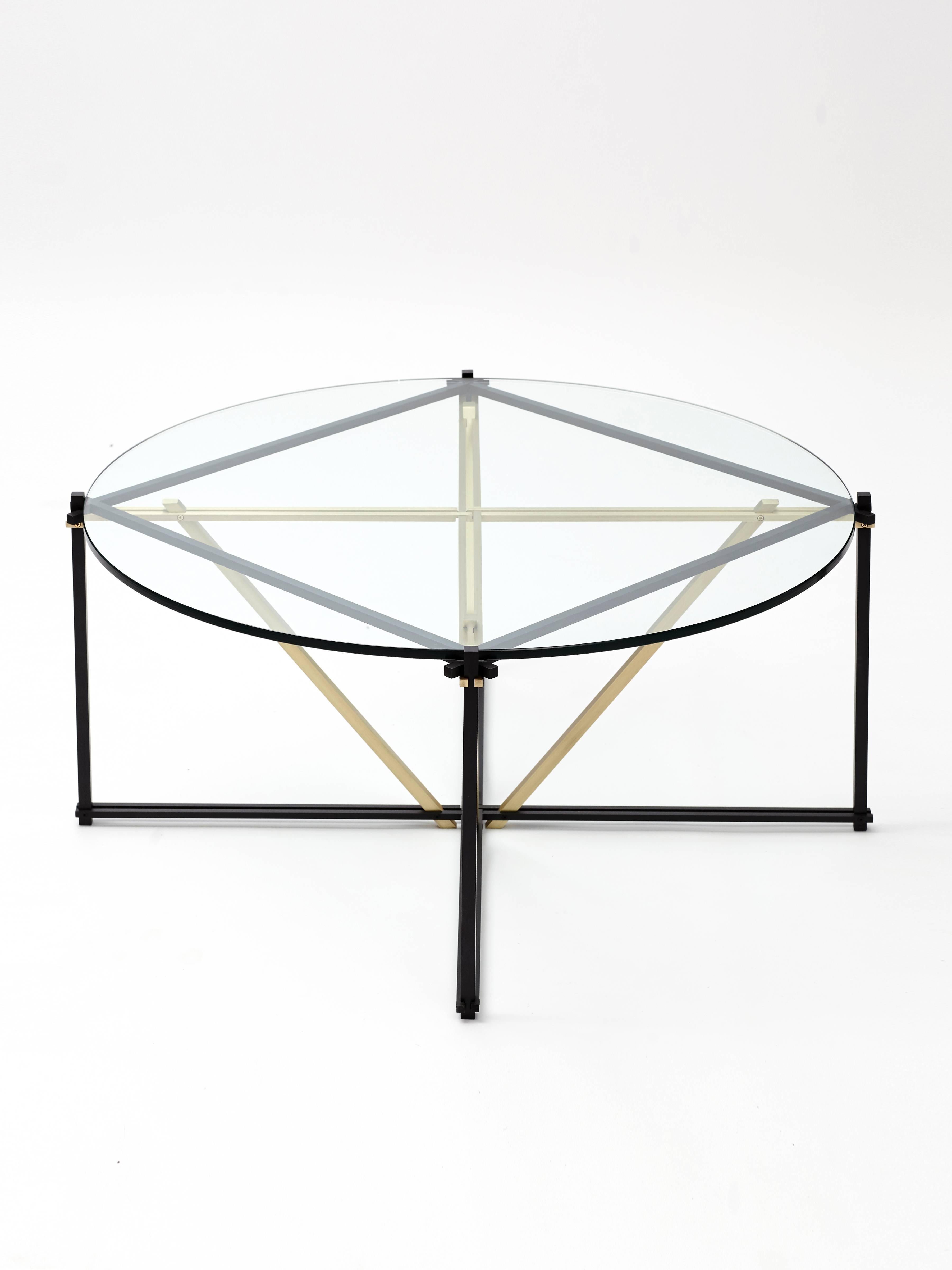 Modern Tensegrity Coffee Table, Black and Satin Brass with Clear Glass