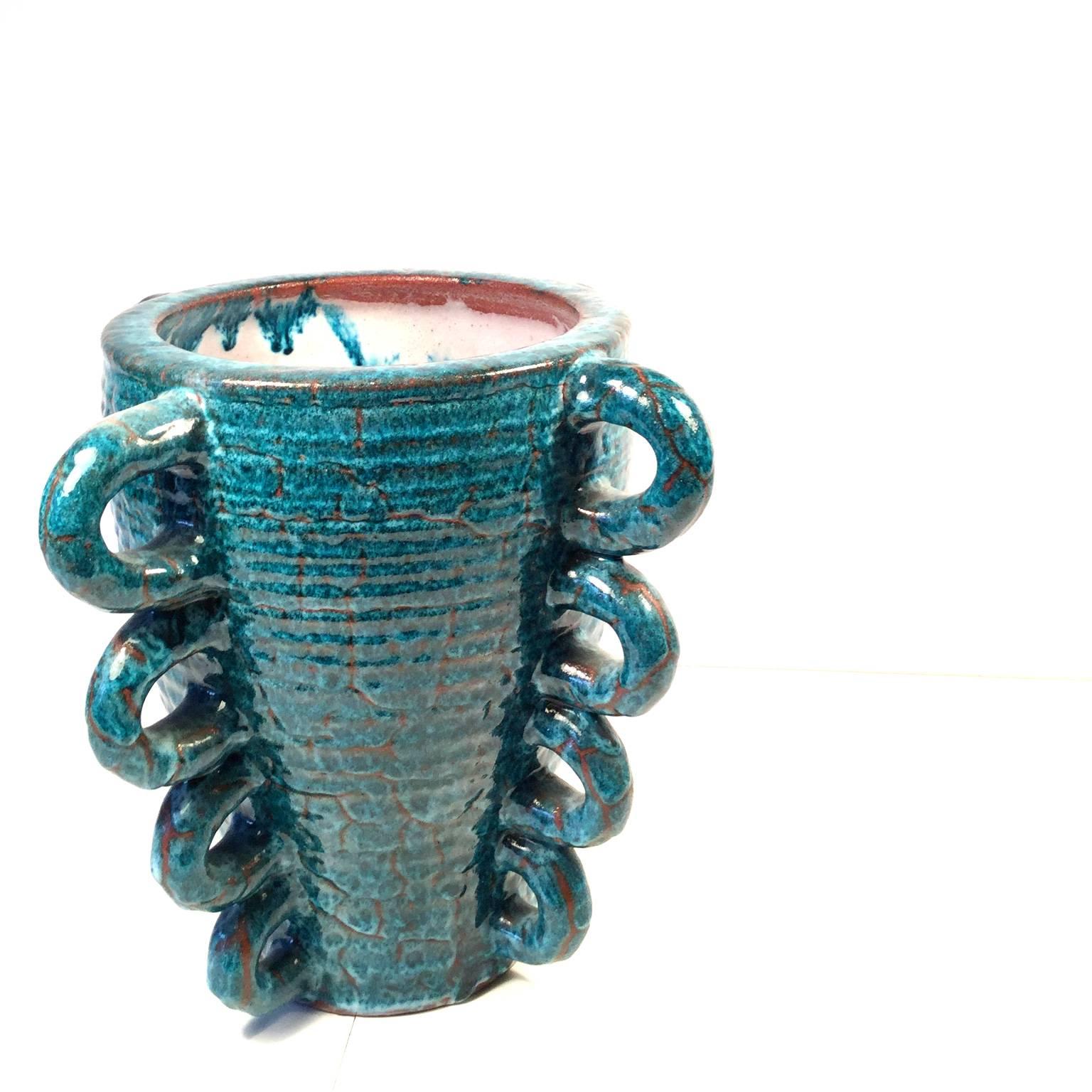 Amazing rare and high quality French terracotta vase with turquoise glazed manufactured by 