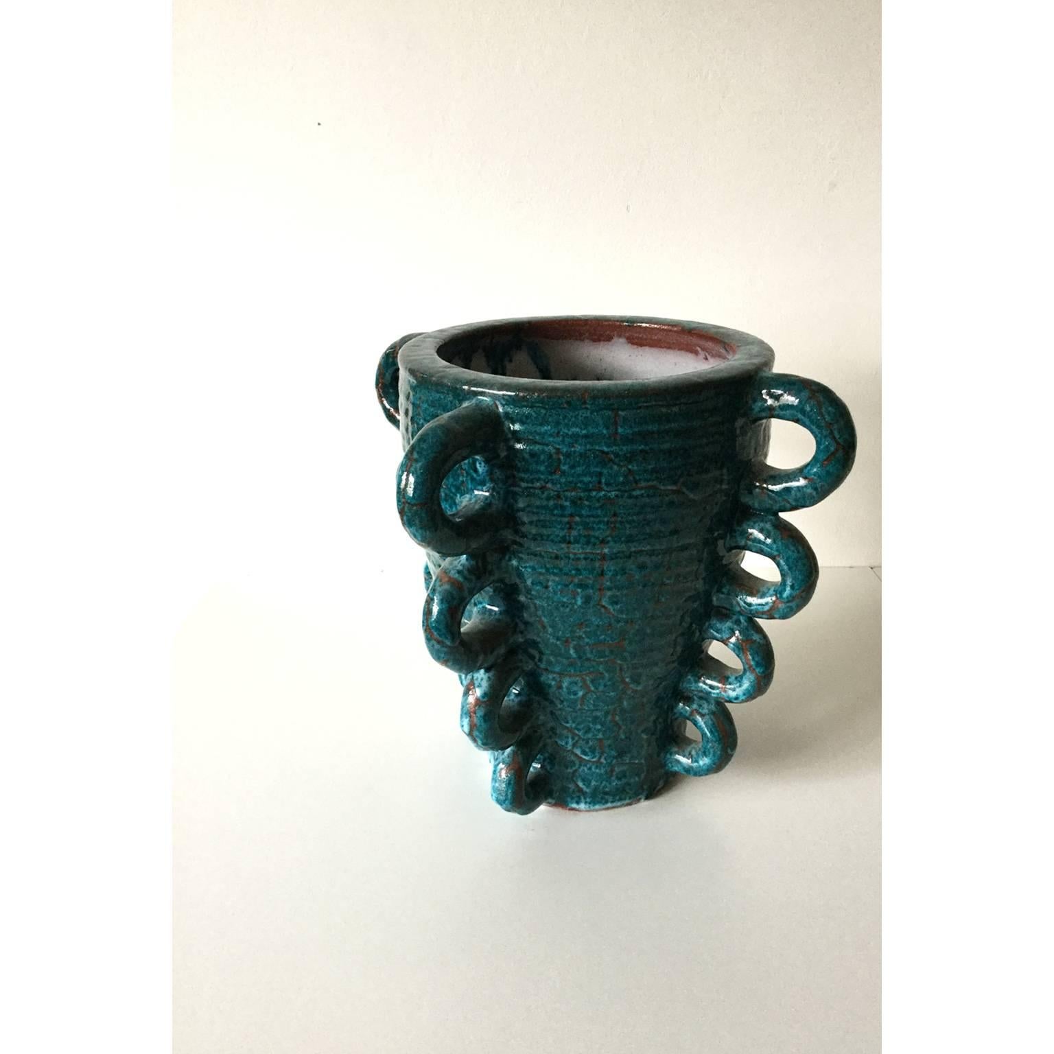 Hand-Crafted Accolay Blue Glazed Vase For Sale