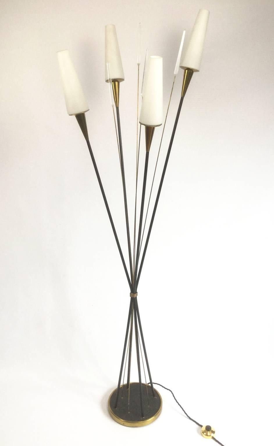 1950s floor lamp model Roseaux or Reeds.
Attributed to René Mathieu for Maison Lunel.
Four lights with opaline glass and Lucite spikes.
 