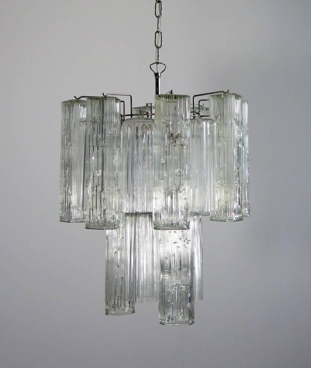 Italian vintage Murano chandelier made of 22 individual tubular glass pendants hanging on a chrome frame.

Measures: H 110 with chain, 60 without chain x 46 cm diameter.