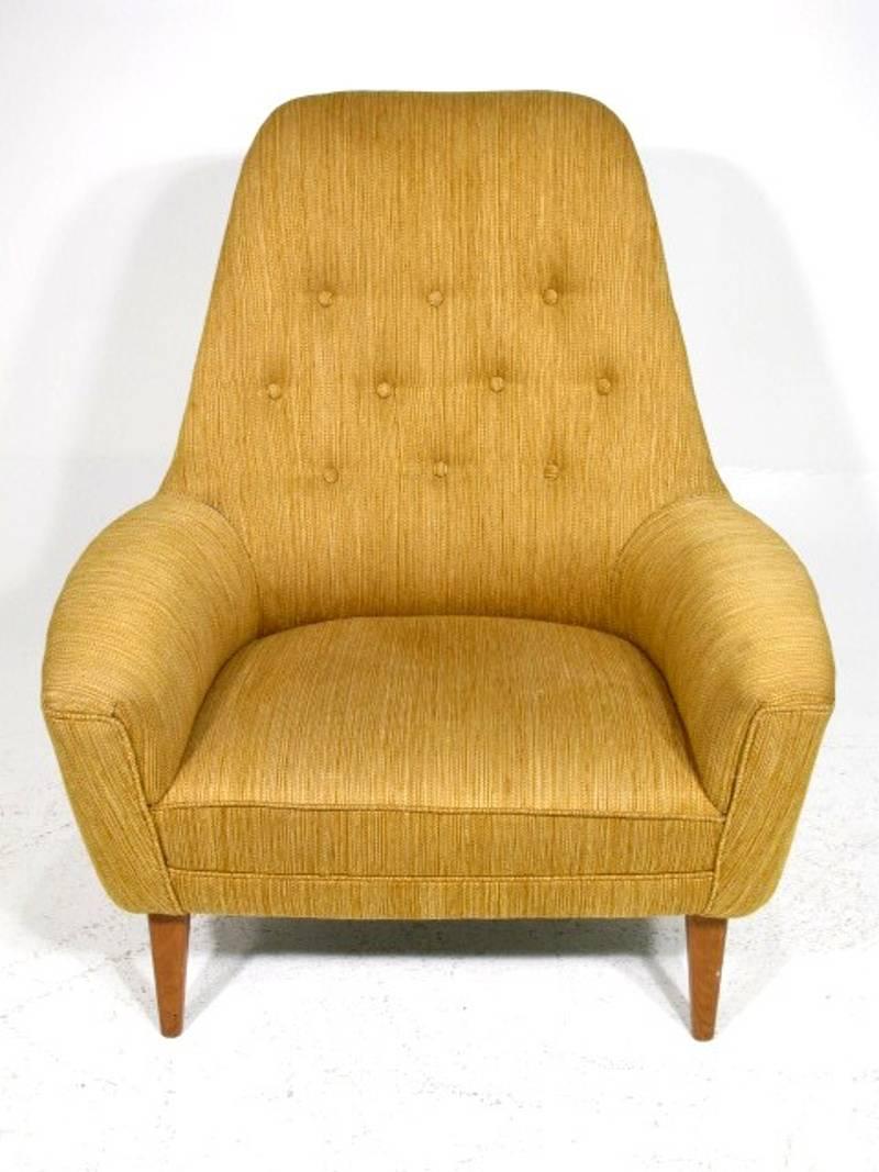 Beautiful fan backed Swedish upholstered lounge chair, 1940s.