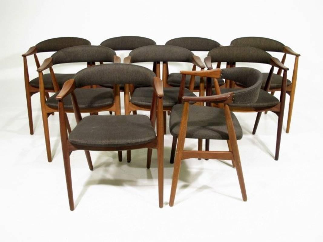 Set of nine Danish modern chairs designed by Thomas Harlev and manufactured by Farstrup in teak upholstered in grey wool, 1960s.